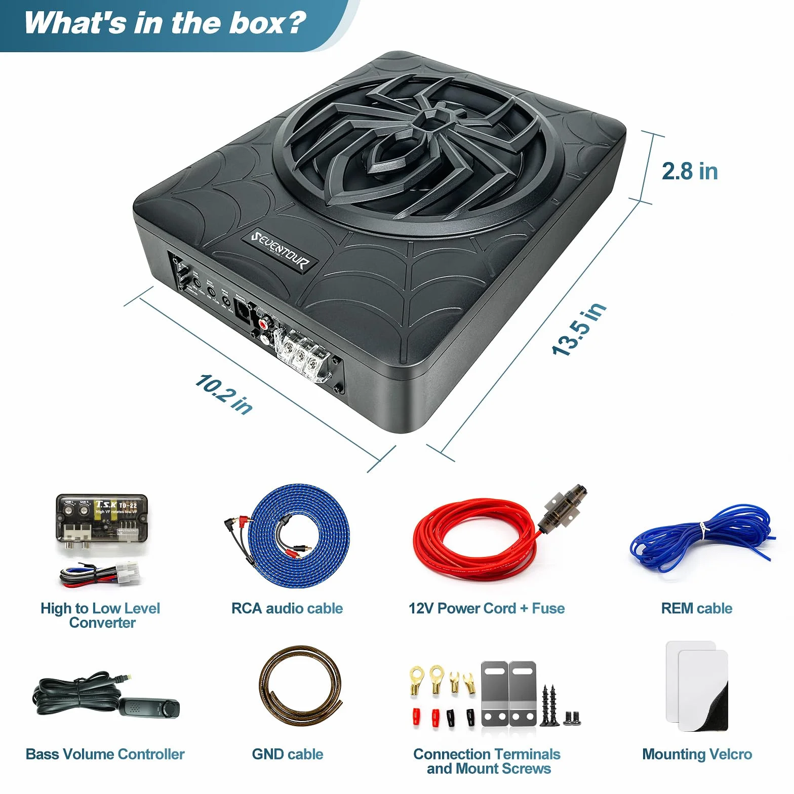 Seventour Subwoofer delgado para debajo del asiento de 10 pulgadas y 1000 W para debajo del asiento, subwoofer de audio para coche/camión, paquete de amplificador integrado, con luz LED (subwoofer +