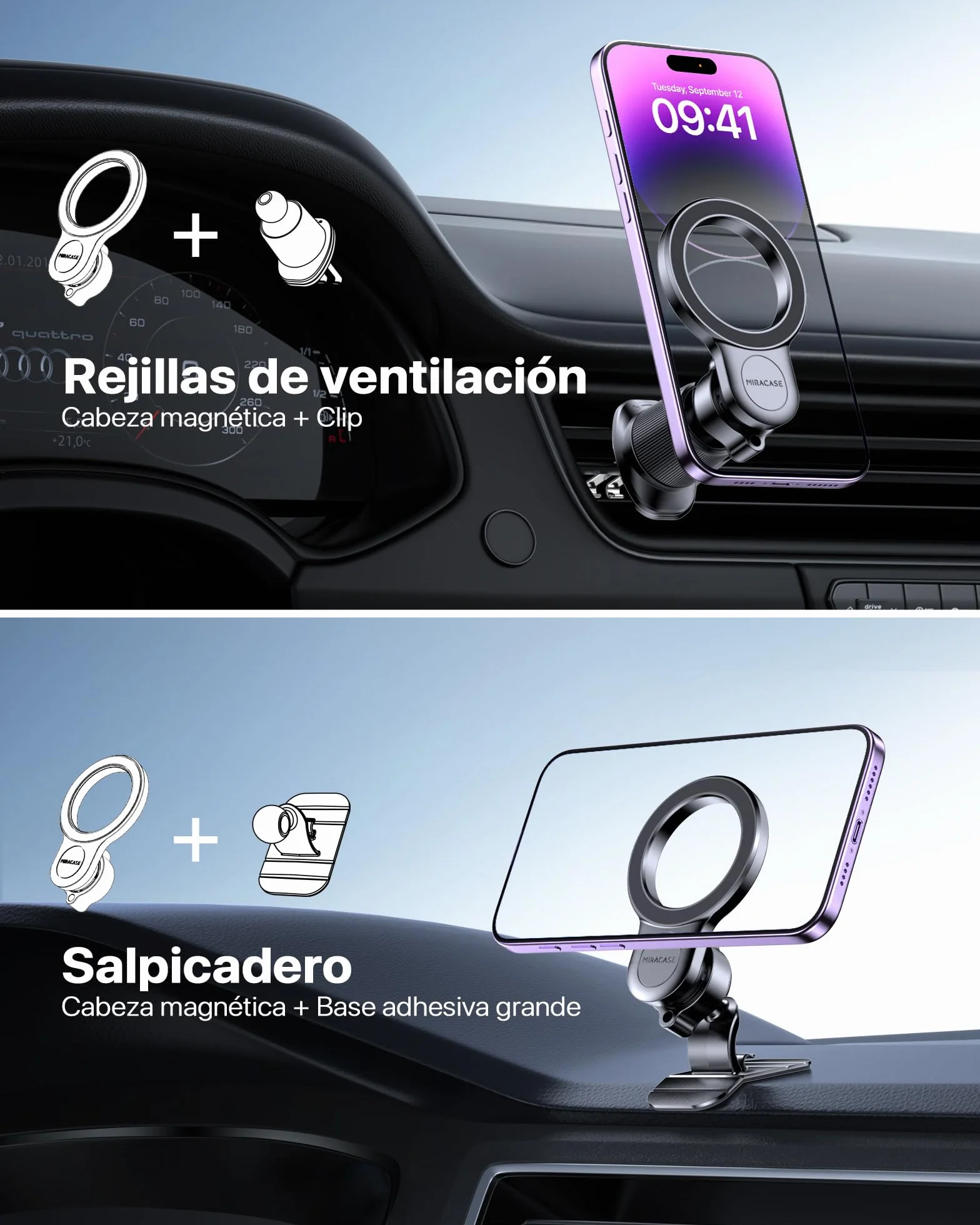 Miracase 2 en 1 Soporte Móvil Coche Magnético MagSafe 360° Rotación para iPhone 17 16 15 14 13 12 Pro MAX