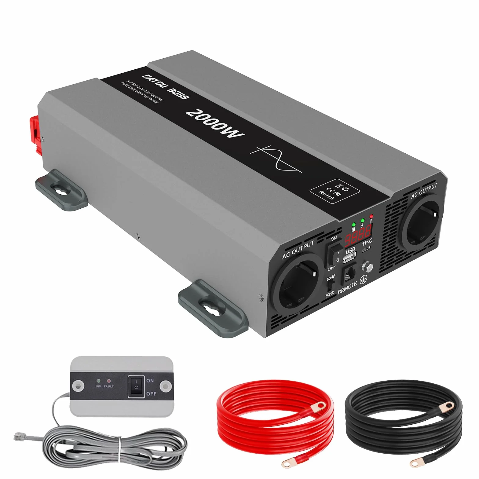 DATOUBOSS Inversor 24V 220V 2000W Onda Sinusoidal Pura, Convertidor 4000W(Pico) con 2 Enchufes de la UE, Transformador con USB-A y USB-C, Pantalla LCD,Mando a Distancia, para Coches, Camiones, Camping