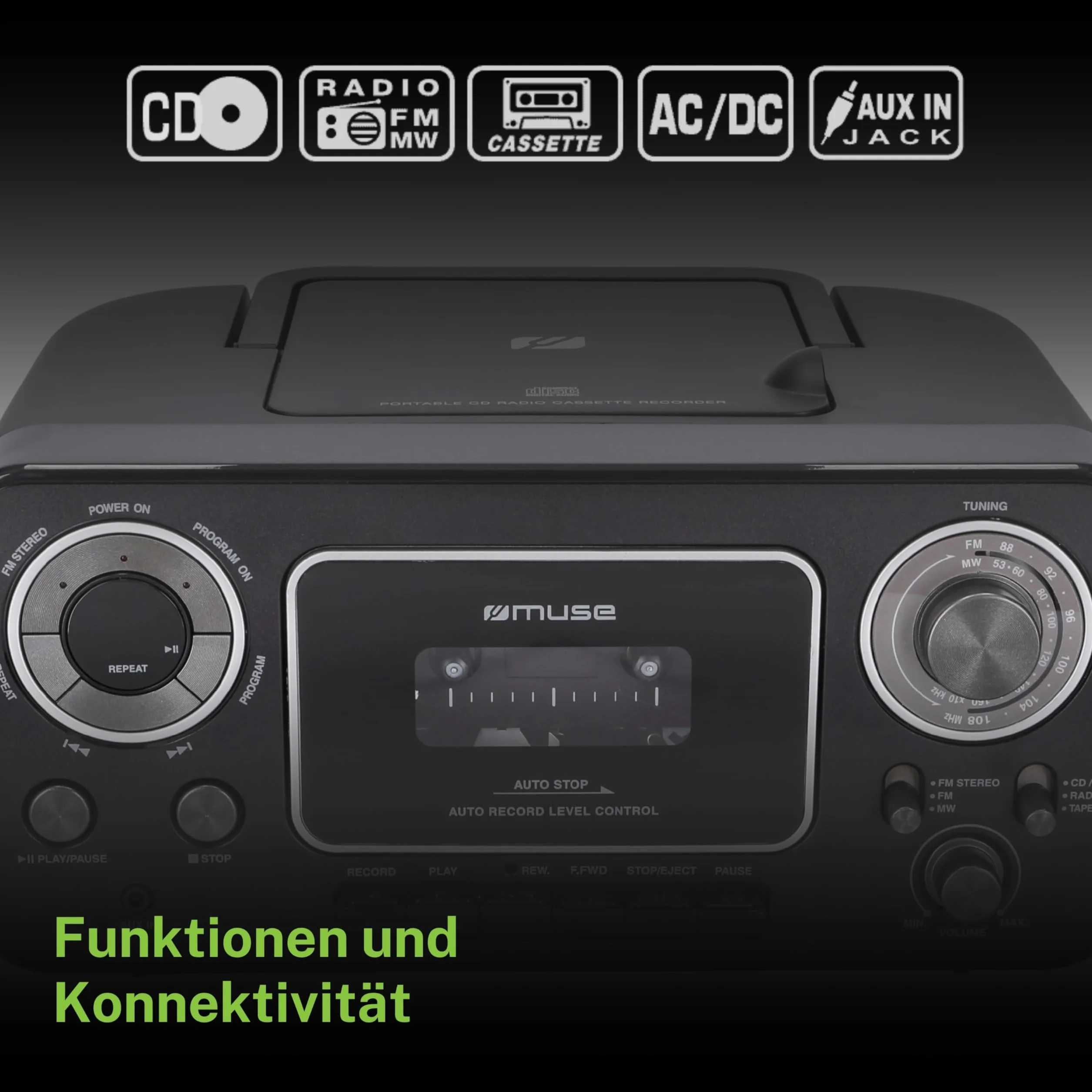 Muse M-182 RDC Radiocd CD Radio Cassette, Negro