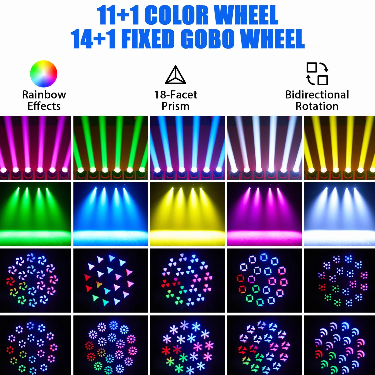 2 piezas 200W LED Cabeza Móvil Luces de Discoteca, Luz de escenario RGBW Beam con 18 Prismas 11+1 Colores 14+1 Patrones Clubes Fiestas Conciertos Discotecas DJ