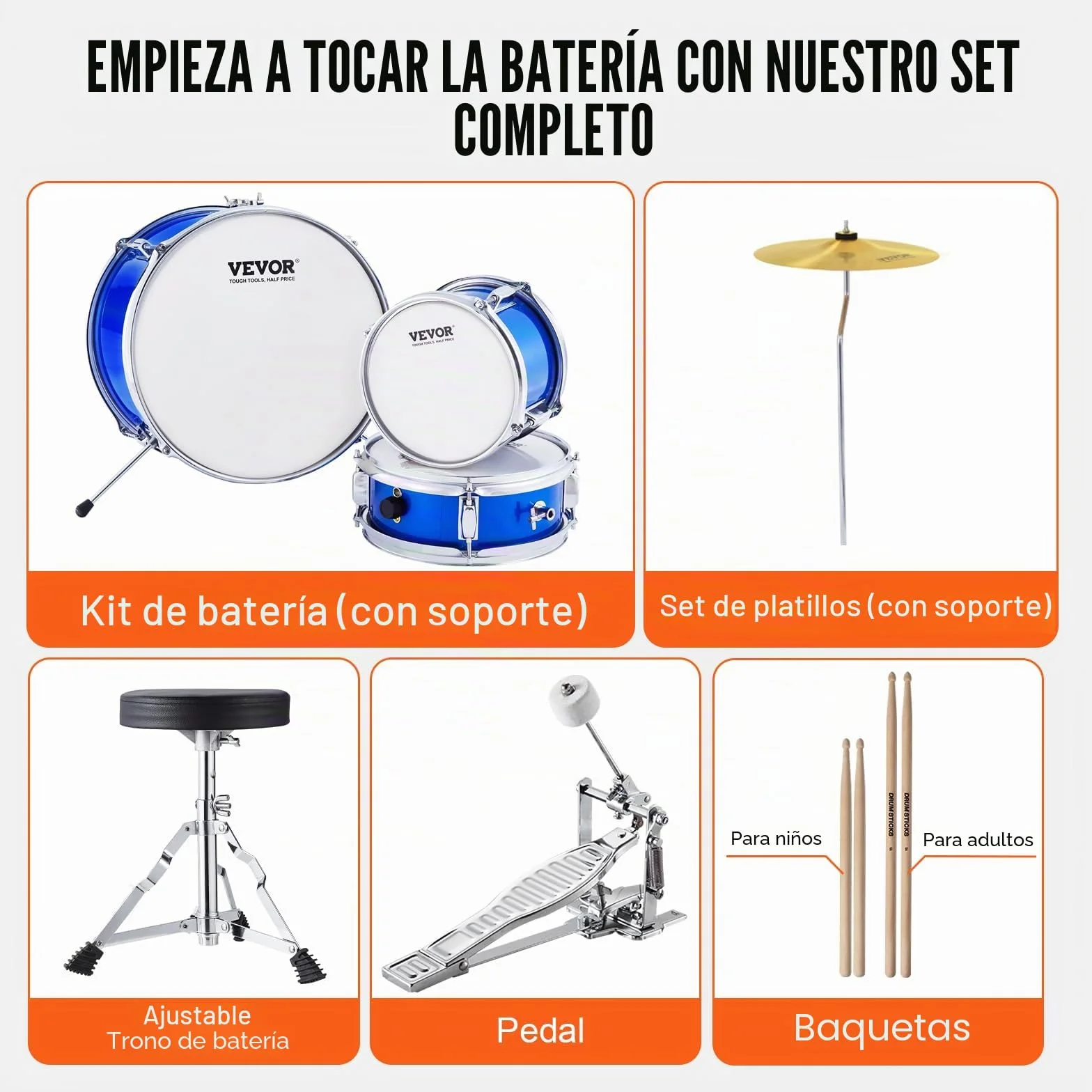 VEVOR Juego de Batería para Niños, 3 piezas, Juego de Batería para Principiante con Pedal de Platillo de Trono Ajustable dos Pares de Baquetas, Tom, Caja, Bombo, Kit de Batería de Iniciación, Azul