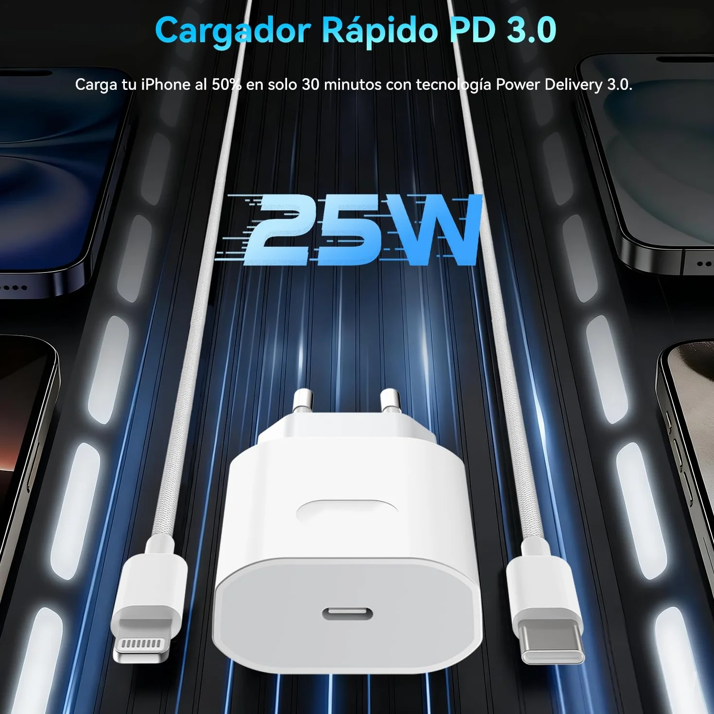 Cargador Carga Rápida 25W USB-C para iPhone 14/13/12/11/Pro MAX Plus Mini SE XR X XS, Cable Lightning 1m Certificado Apple MFi