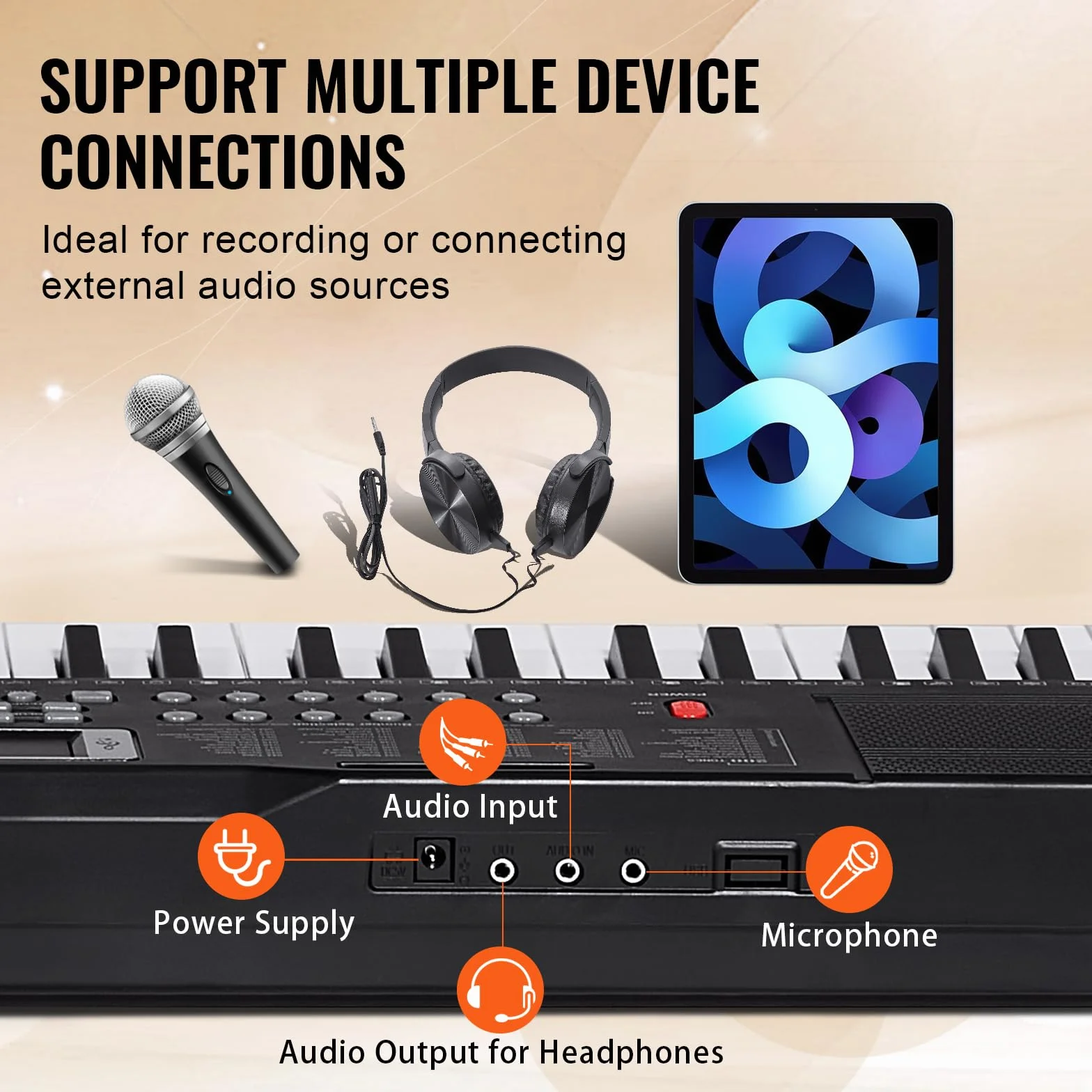 VEVOR 61 Teclas Piano de Teclado Digital Portátil 200 Tonos, 200 Ritmos con 60 Canciones de Demostración, Altavoces Duales Integrados, Auriculares, Micrófono y Pegatinas de Piano para Principiantes