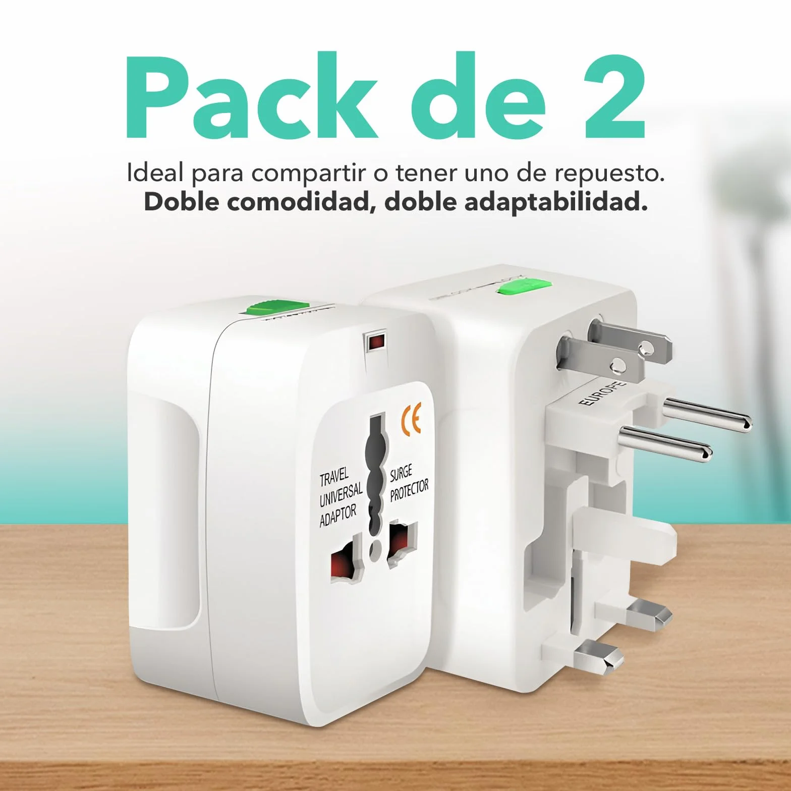 Pack de 2 – Adaptador Enchufe Universal de Viaje, Travel Adapter, Toma Internacional de Corriente, Todo en Uno – Compatible con más de 150 Países (Europa, Australia, UK, USA y más)