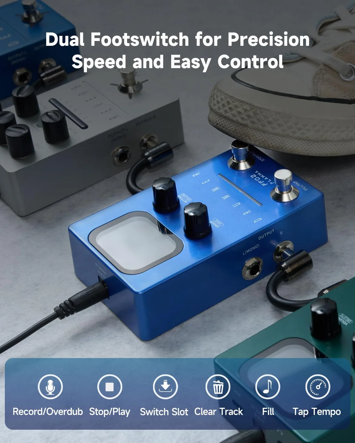 FLAMMA FF02 - Pedal de guitarra para máquina de tambor, 121 ranuras de tambor, 11 géneros musicales, ritmo personalizable, E/S estéreo para uso en vivo y estudio