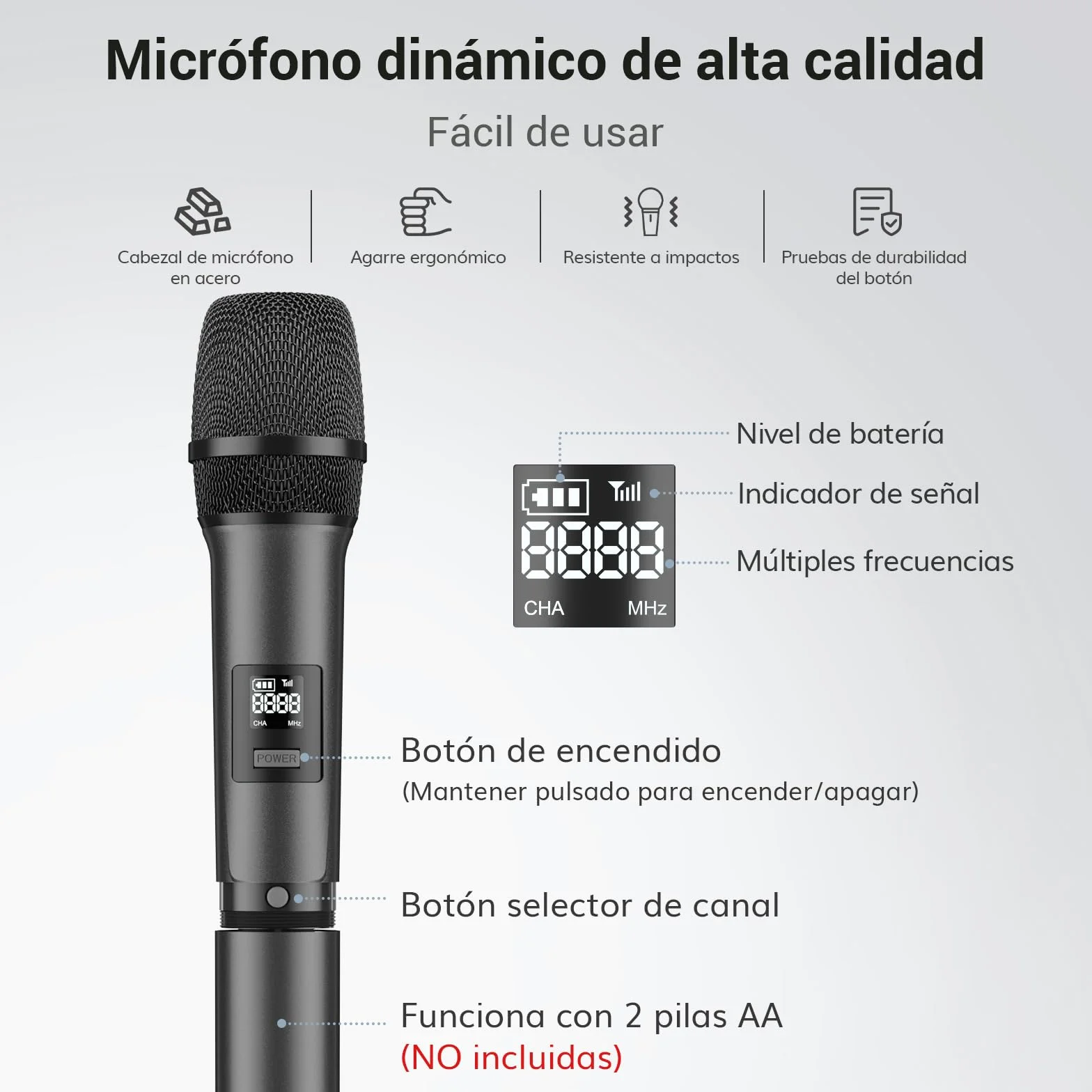 TONOR Micrófonos inalámbricos, Micro de Mano Doble Dinámico, Karaoke Sistema de Mic con Receptor para Karaoke, KTV doméstico, DJ, Boda, Fiesta, Iglesia, 2x5 UHF Frecuencias Ajustables, 60M TW450 Gris
