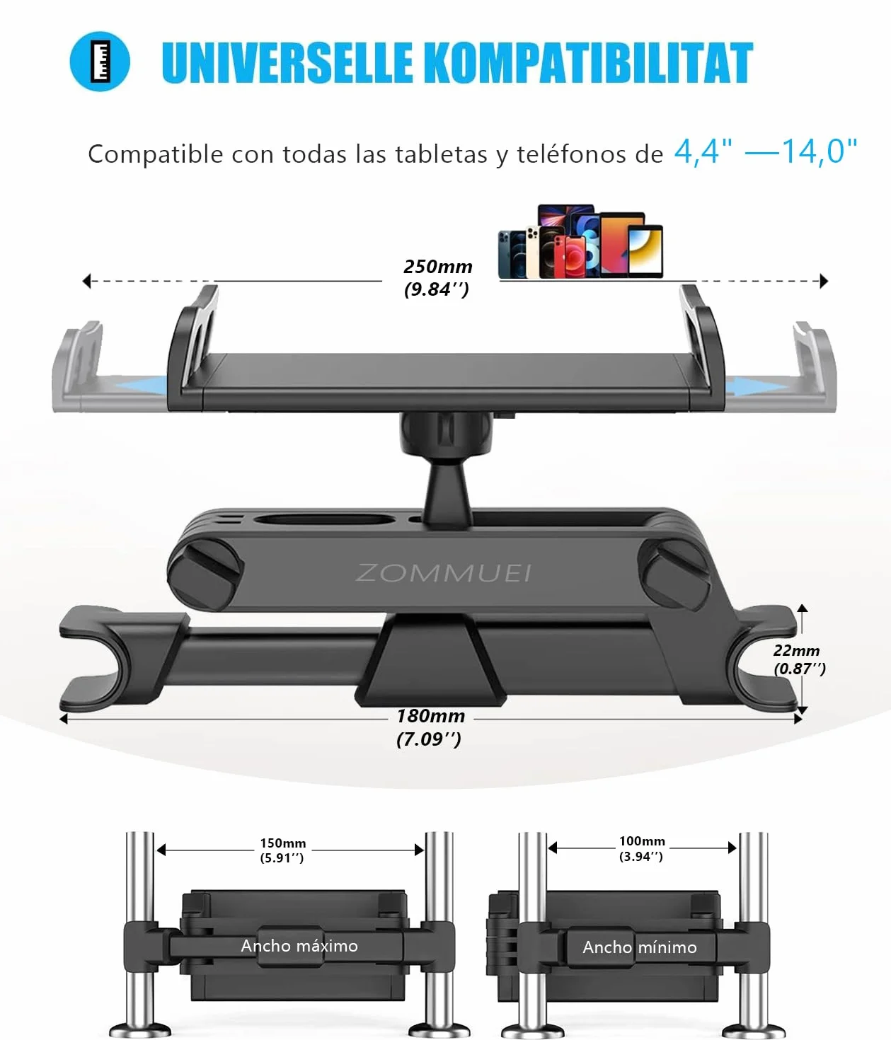 Soporte Tablet Coche,Soporte Reposacabezas Asiento Trasero para automóvil 360°Rotación Soporte de Montaje Extensible para iPad Air Mini 2 3 4,Pad 2018 Pro 9.7,10.5, Tableta de 4.4-13.6 Pulgada