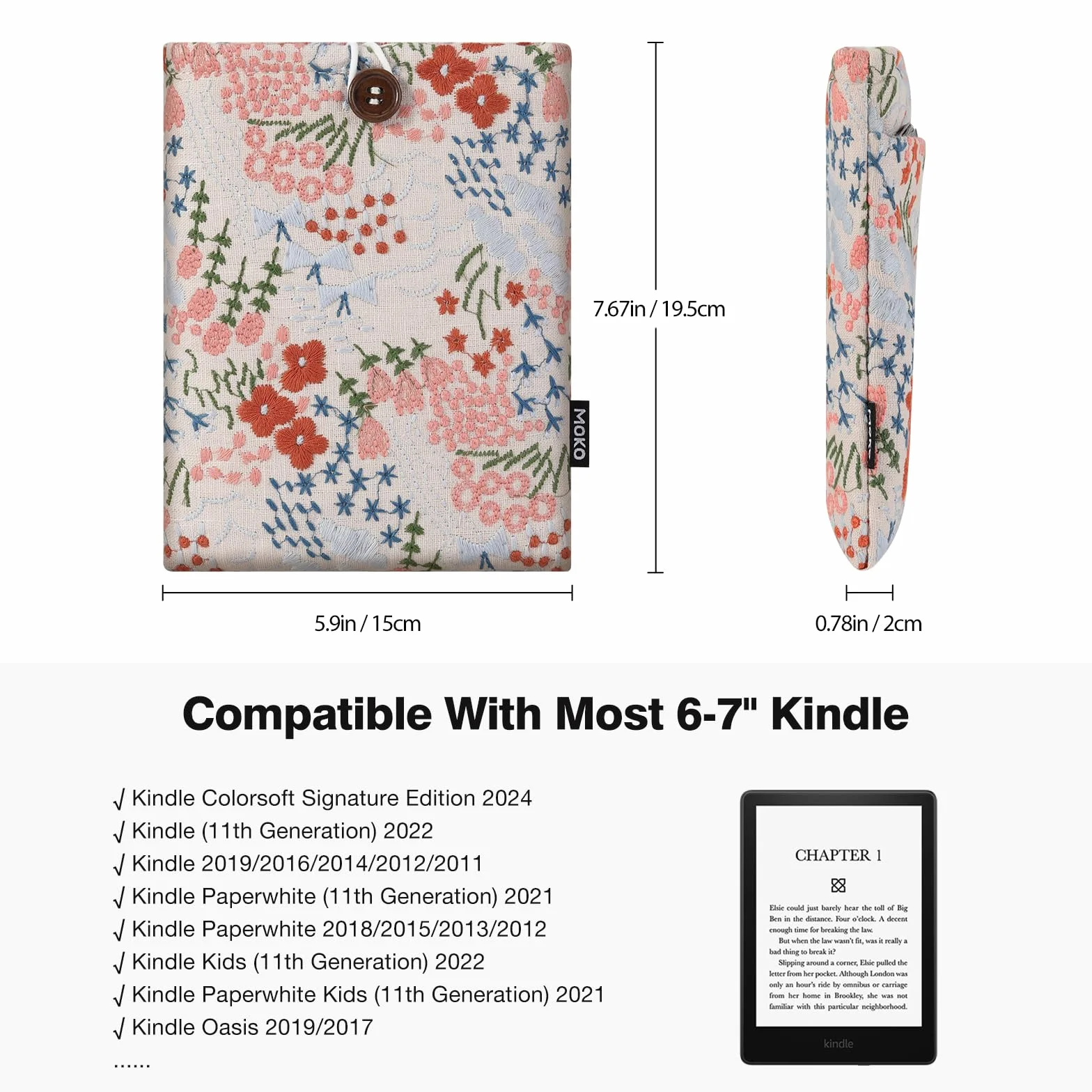 MOKO Bindle Pouch para Kindle Colorsoft, Paperwhite 12th Gen 2024, Kindle 2022-2016, Oasis/Voyage/Kobo Ereader, Flor Beige