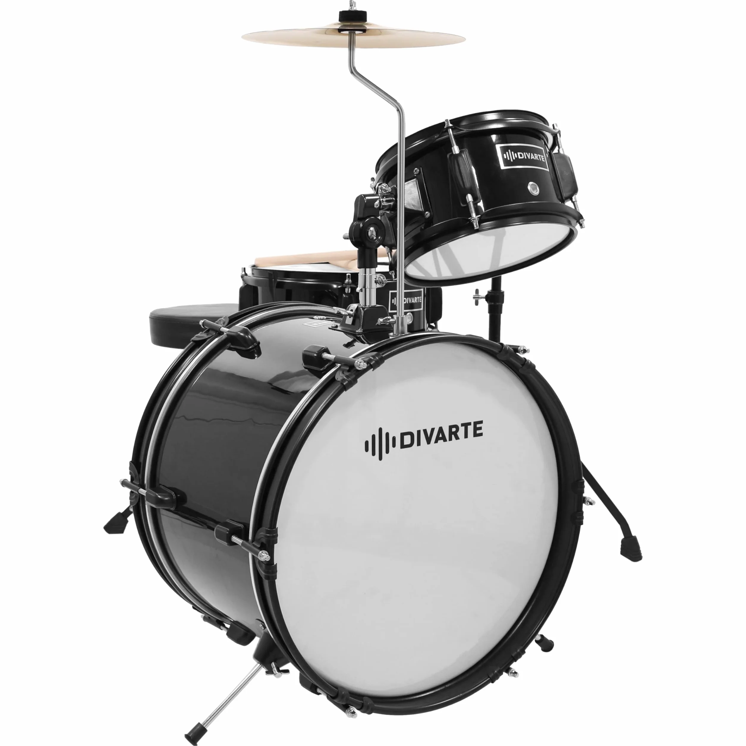 Junior DrumSet Black,Kit de batería ajustable negro para niños, a partir de 6 años, juego de batería acústica para principiantes con asiento ajustable, pie de charleston y palillos incluidos.