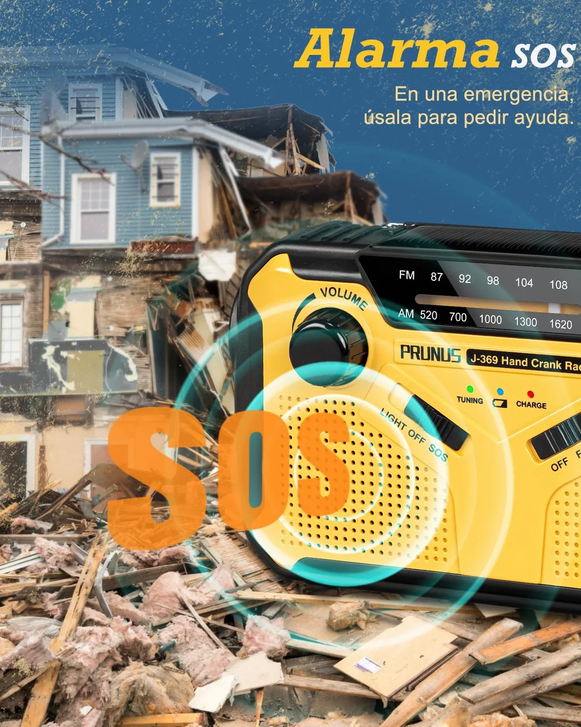 PRUNUS J-369 Radio Solar y a Pilas, Radios Emergencia con Manivela, Am FM Radio Portatil Pequeña Recargable con Banco de Energía de 3000 mAh, Lámpara Lectura, Linterna, SOS.