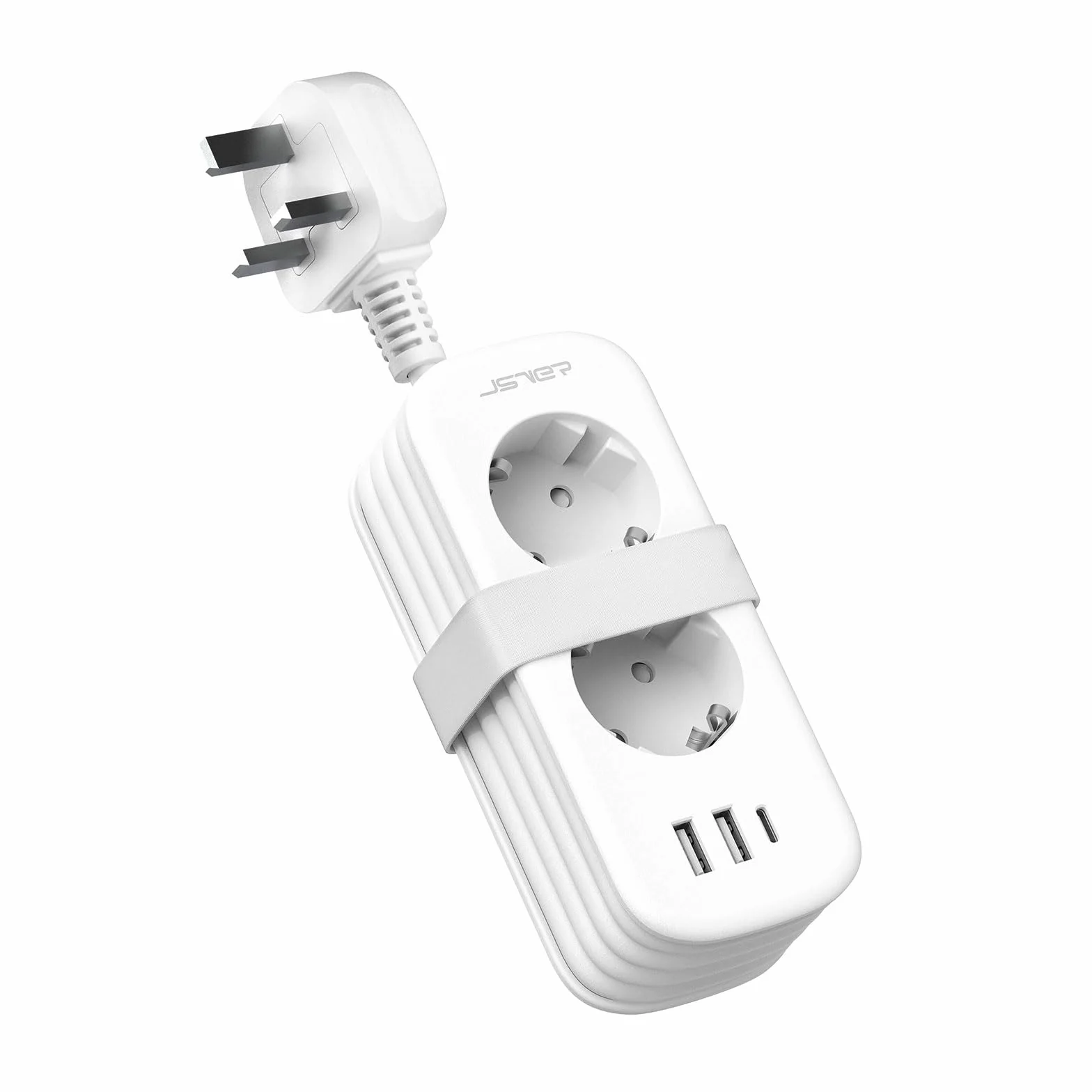 JSVER Adaptador Enchufe UK, Compacto Enchufe de Viaje con 1,5m Cable,Adaptador de Viaje Español a UK Tipo G con USB C para EU a Irlanda, Malasia, Singapur, Hong Kong, Macao-Blanco