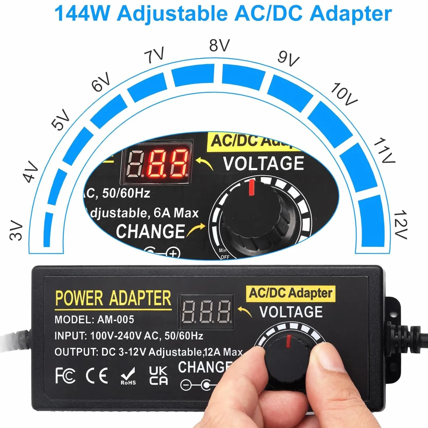 Adaptador Universal Ajustable de 100 V-240 V CA a CC 3 V-12 V 12 A, Adaptador de Corriente Ajustable con 14 Puntas y Cable de Polaridad