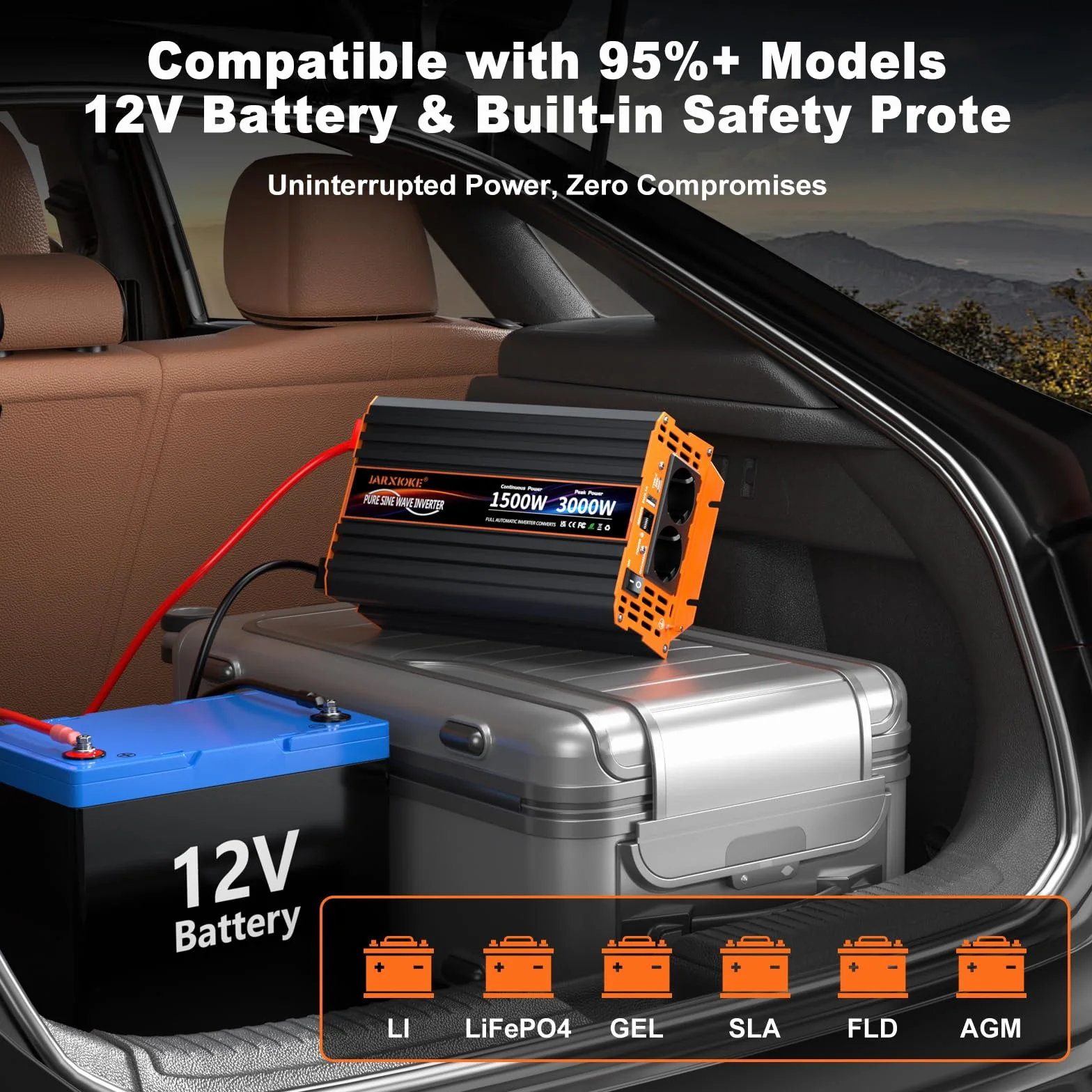 Inversor 12V 220V-230V Onda Pura 1500w Convertidor DC AC Transformador de Voltaje con Mando a Distancia & 2 Tomas de AC & Puerto USB para Coche Camion RV