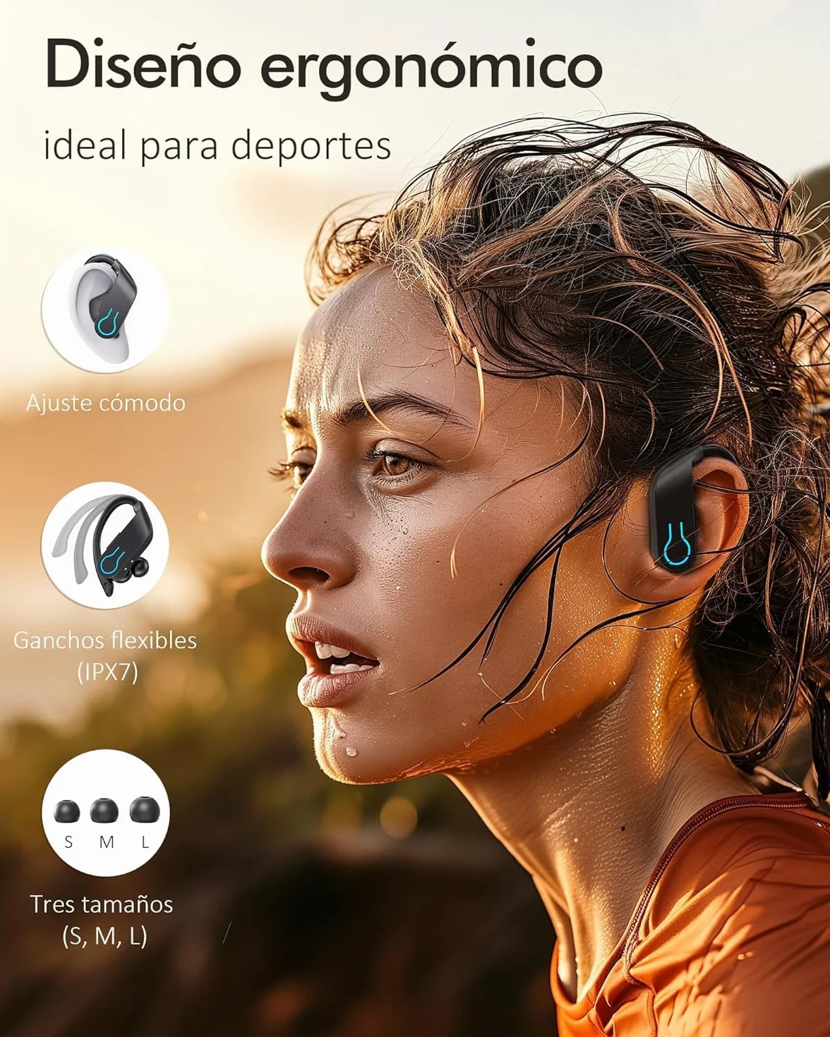 Auriculares Inalámbricos Deportivos Bluetooth 6.1 con Gancho 120H Reproducción LED IPX7 Impermeable ENC Cancelación de Ruido Cascos Running