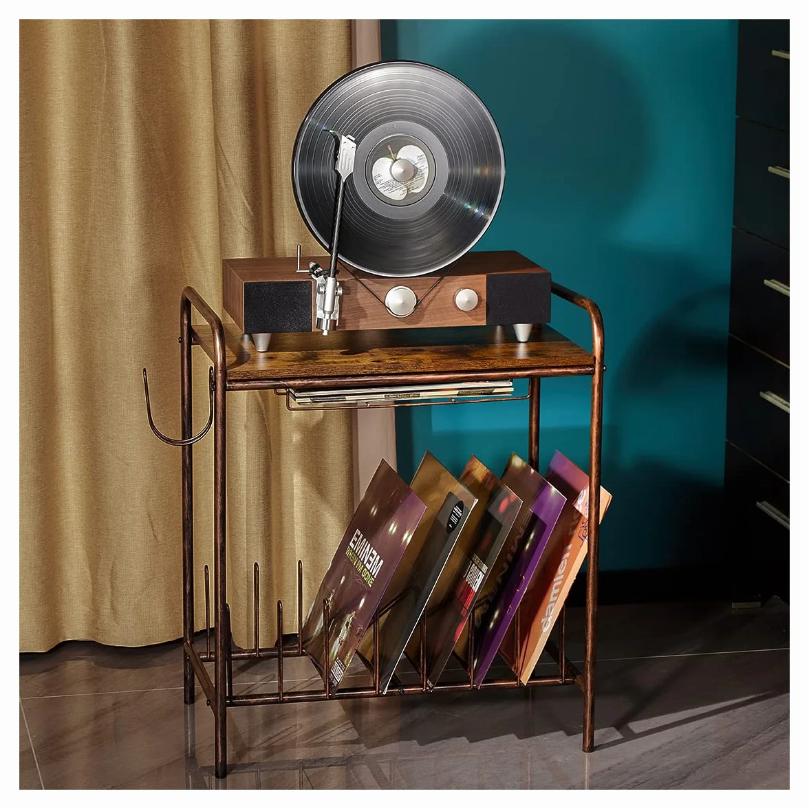 Soporte para tocadiscos, soporte para tocadiscos, mesa de tocadiscos, madera vintage, soporte para tocadiscos con almacenamiento de discos. (bronce)