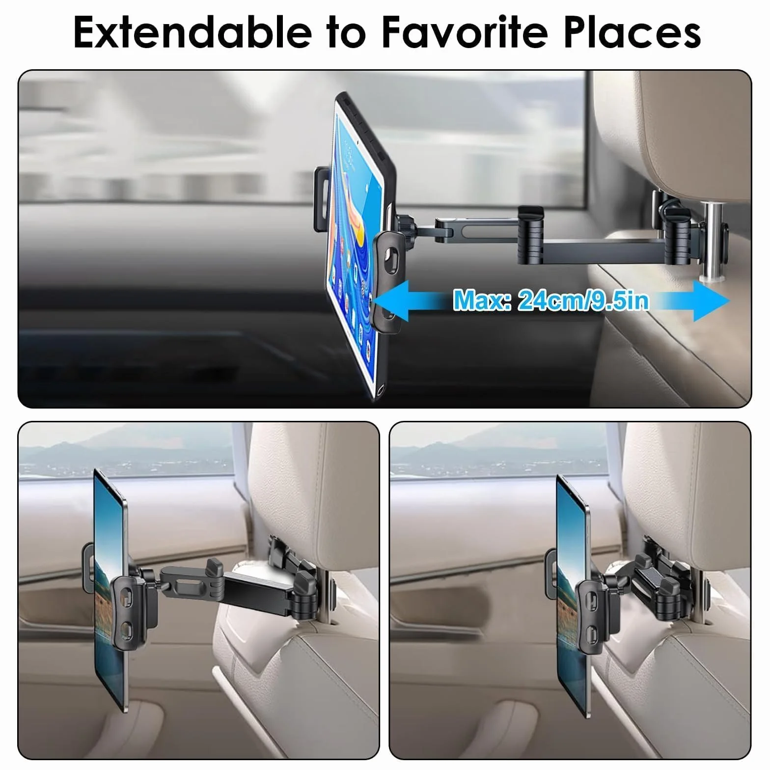 Linkstyle Soporte Tablet Coche, Extensible Soporte Reposacabezas Asiento Trasero Rotación 360°, Compatible con iPad Tablet Móvil Samsung Galaxy Kindle de 4"-10.6" Pulgada