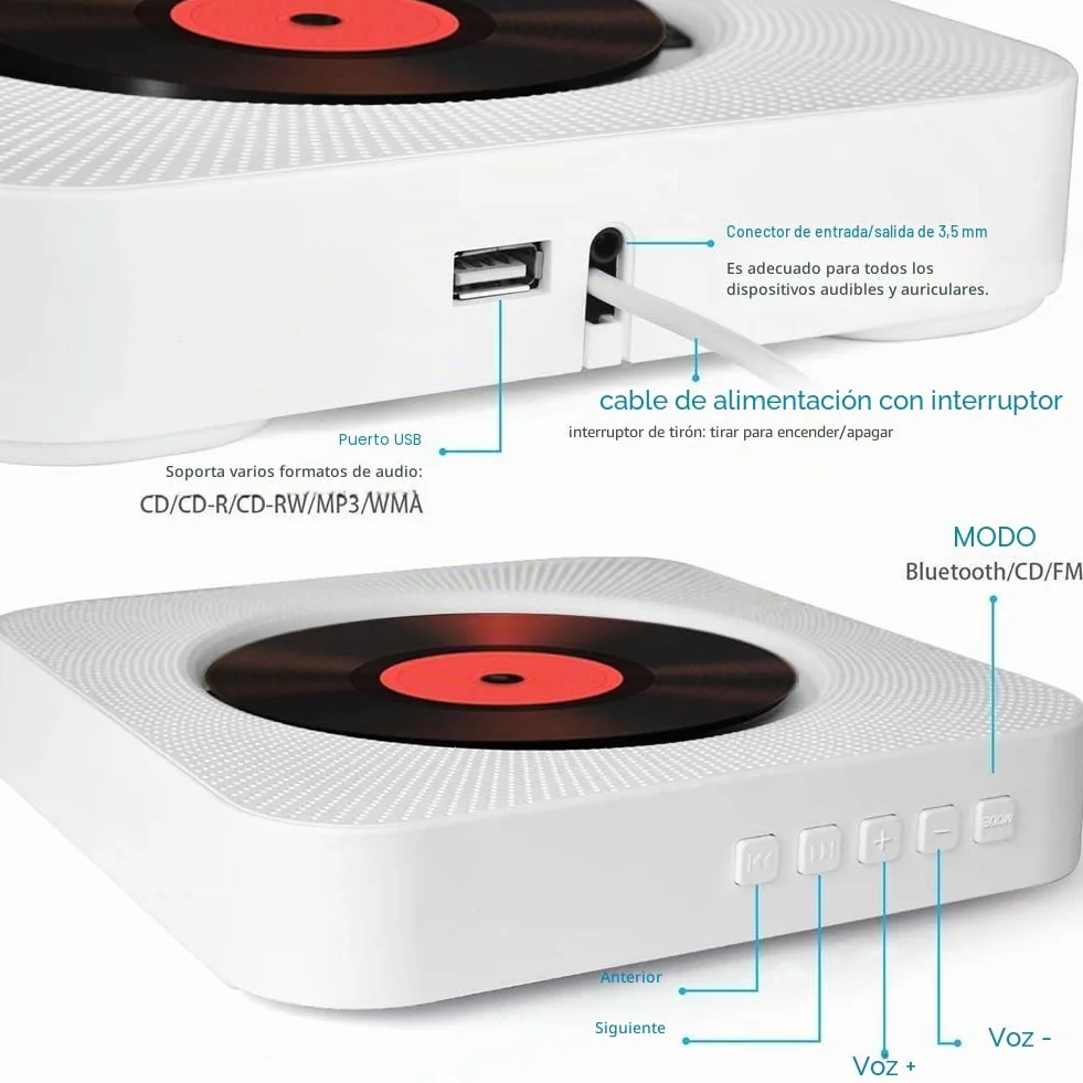 Reproductor de CD Portátil Bluetooth Reproductor CD de Escritorio Multifunctional Musical CD Player con Mando a Distancia Integrado en los Altavoces para HiFi de Casa Audio Boombox (Blanco)