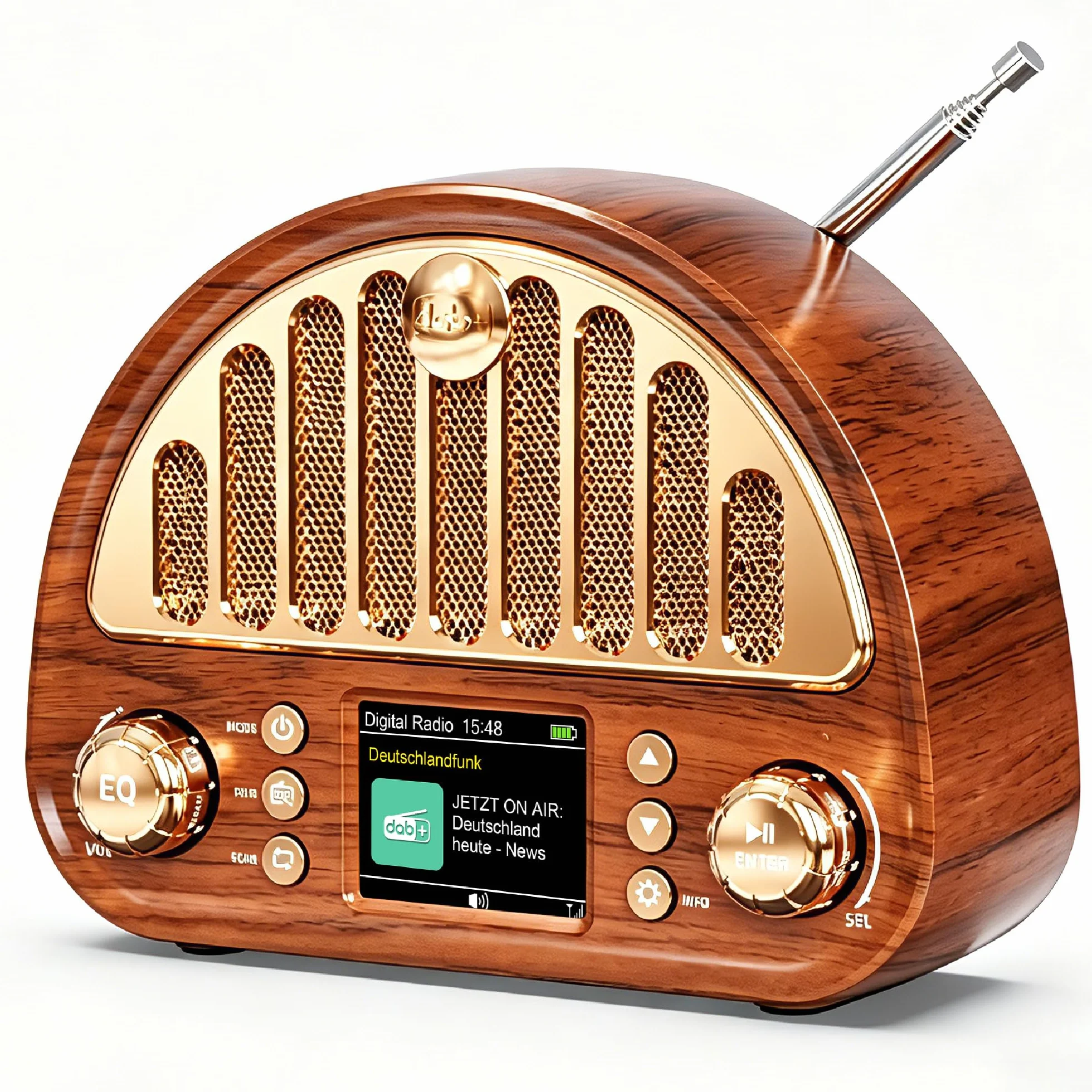 Radio DAB+/FM en diseño retro, radio digital con Bluetooth 5.0 y batería de 3000 mAh, altavoz de 8 W, pantalla a color, modo EQ, Micro SD/AUX-In, temporizador de sueño, doble despertador, pequeño