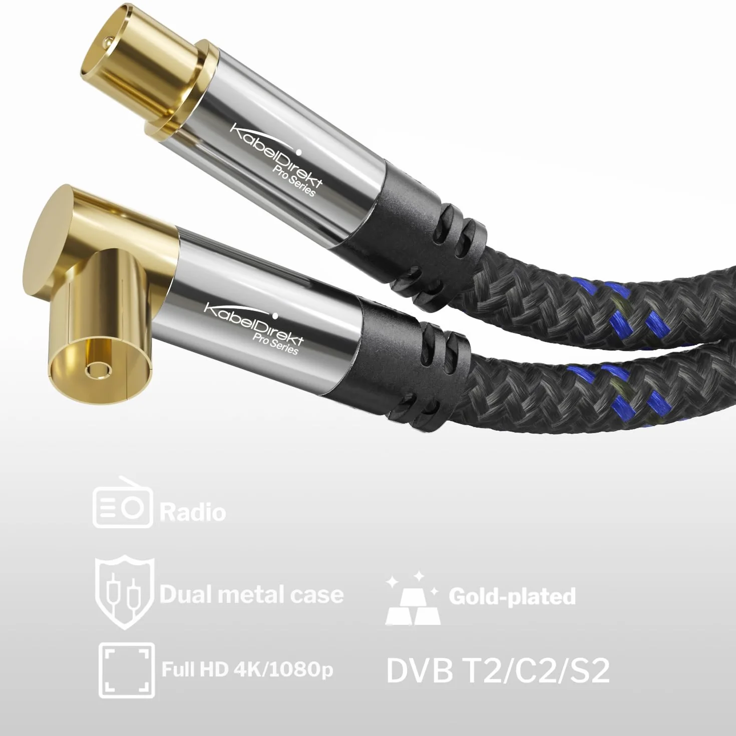 KabelDirekt – Cable de antena 4K & cable TV con ángulo de 90°/recto – 1,5m – con conector metálico para televisión digital y analógica – trenzado (toma angular a conector recto para DVB-C, DVB-S)