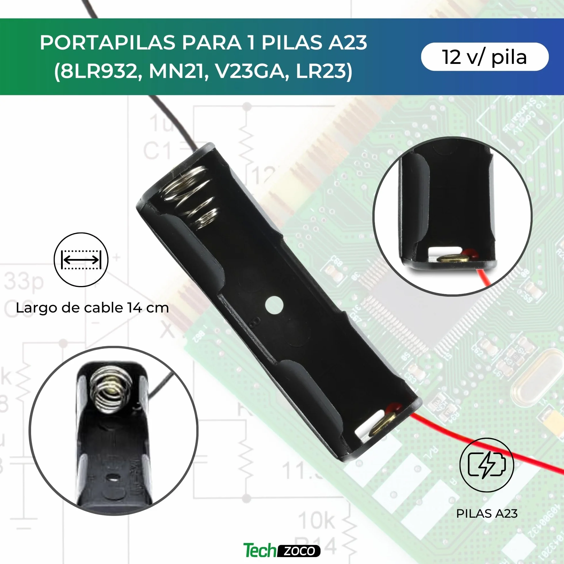TECHZOCO Portapila Plano MN21, Soporte de Batería A23, Caja para Pila 8LR932, Incluye Cable de 200mm, Voltaje Total: 12V (12V por Pila), Apto para 1 Pila A23 8LR932 MN21 V23GA LR23