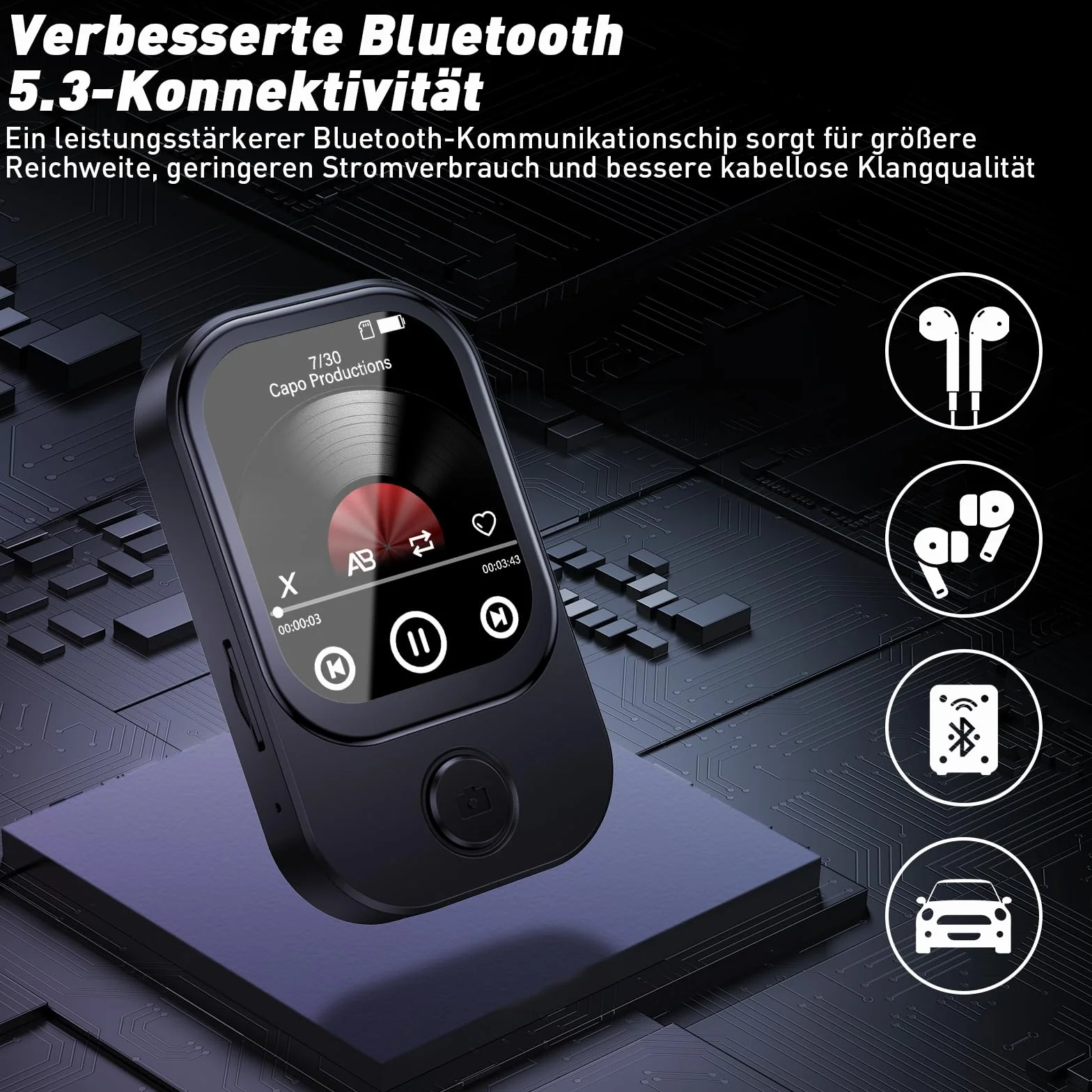 Reproductor MP3 Bluetooth 5.4 64GB Cámara Abatible 180° Altavoz HD Radio FM eBook Negro