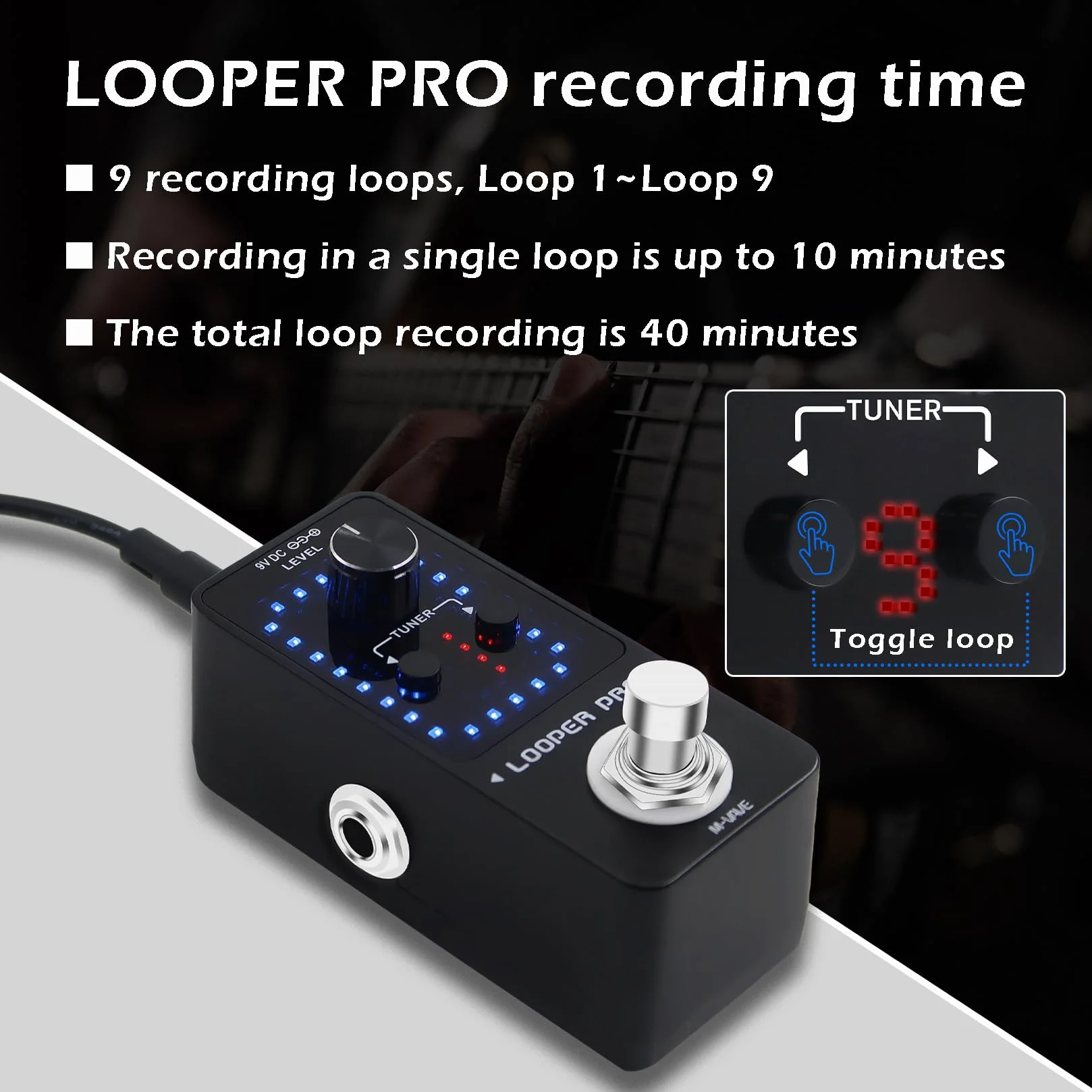 M-VAVE Loop Pedal Pro - 40 minutos de tiempo de bucle, 9 bucles, pedal profesional de guitarra con afinador para guitarra eléctrica, bucle de un solo paso, overdubs ilimitados, deshacer y rehacer