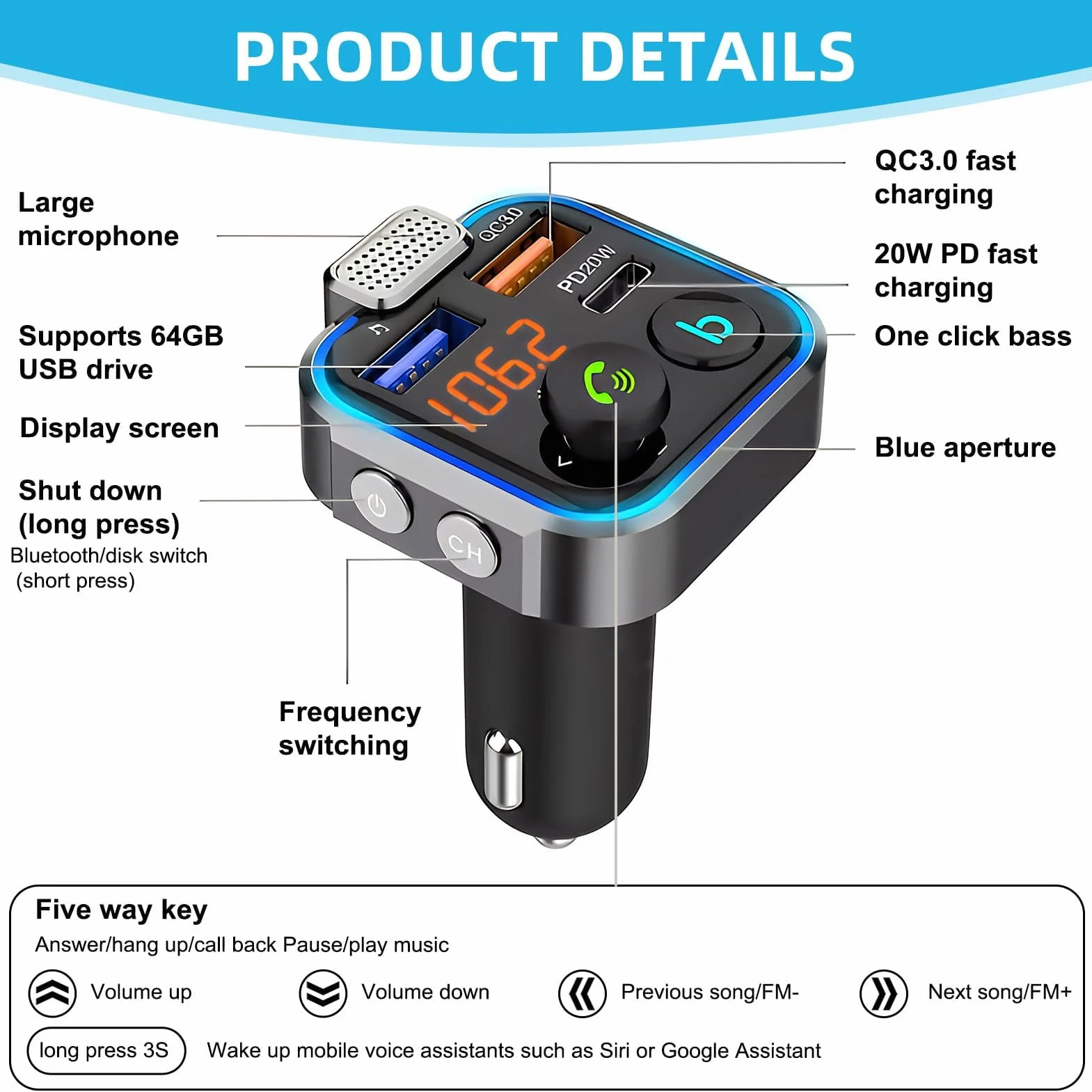 Transmisor FM Bluetooth Coche Adaptador Carga Rápida PD20W QC3.0 Reproductor MP3 USB