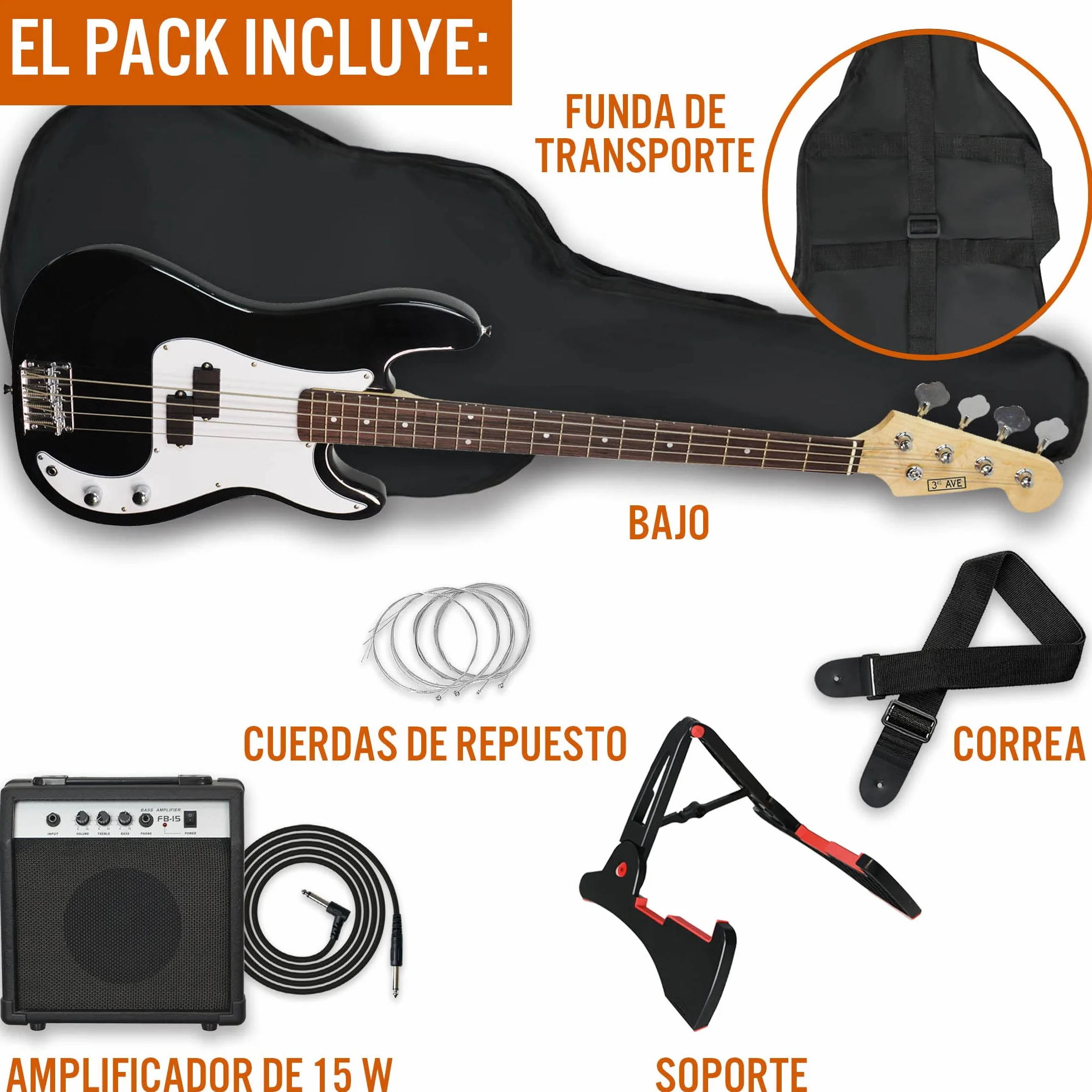 3rd Avenue Paquete de bajo eléctrico de tamaño completo en negro con amplificador de guitarra, bolsa, soporte y accesorios, negro con blanco