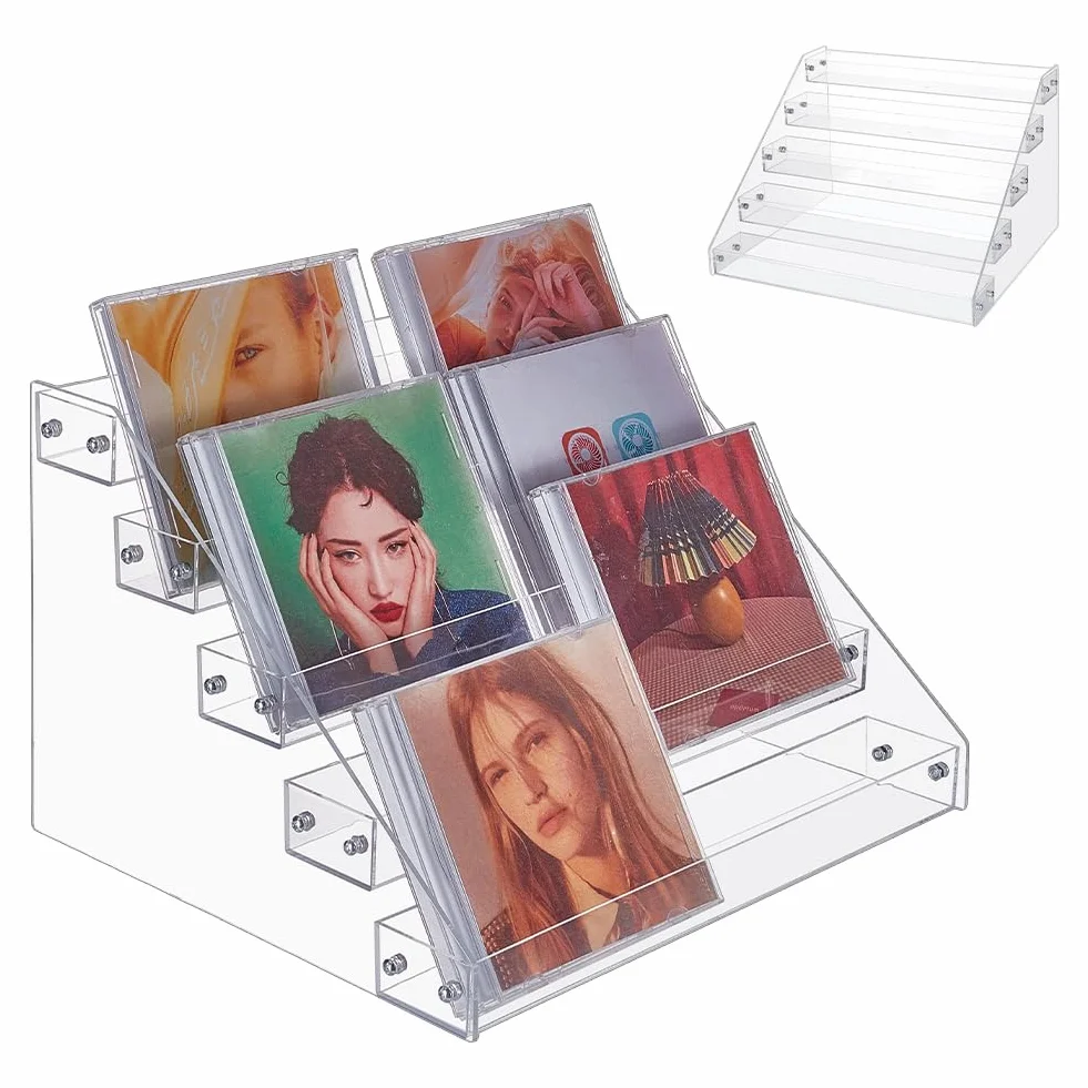 UNICRAFTALE Soporte de presentación de CD con 5 niveles de acrílico transparente, soporte para CD, organizador de almacenamiento de CD, soporte para fundas de DVD, organizador para hasta 32 fundas de
