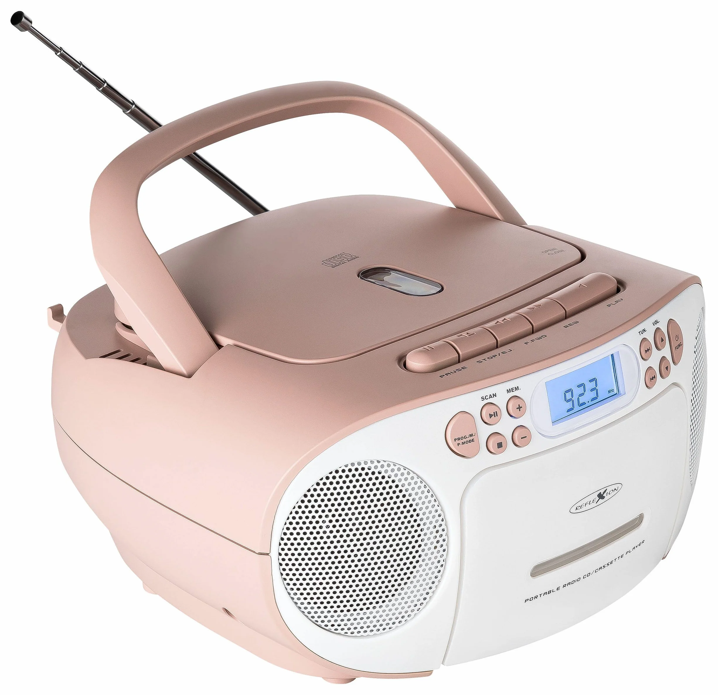 Reflexion RCR2260 Reproductor CD Casete Radio PLL FM Pantalla LCD Auxiliar Blanco Rosa