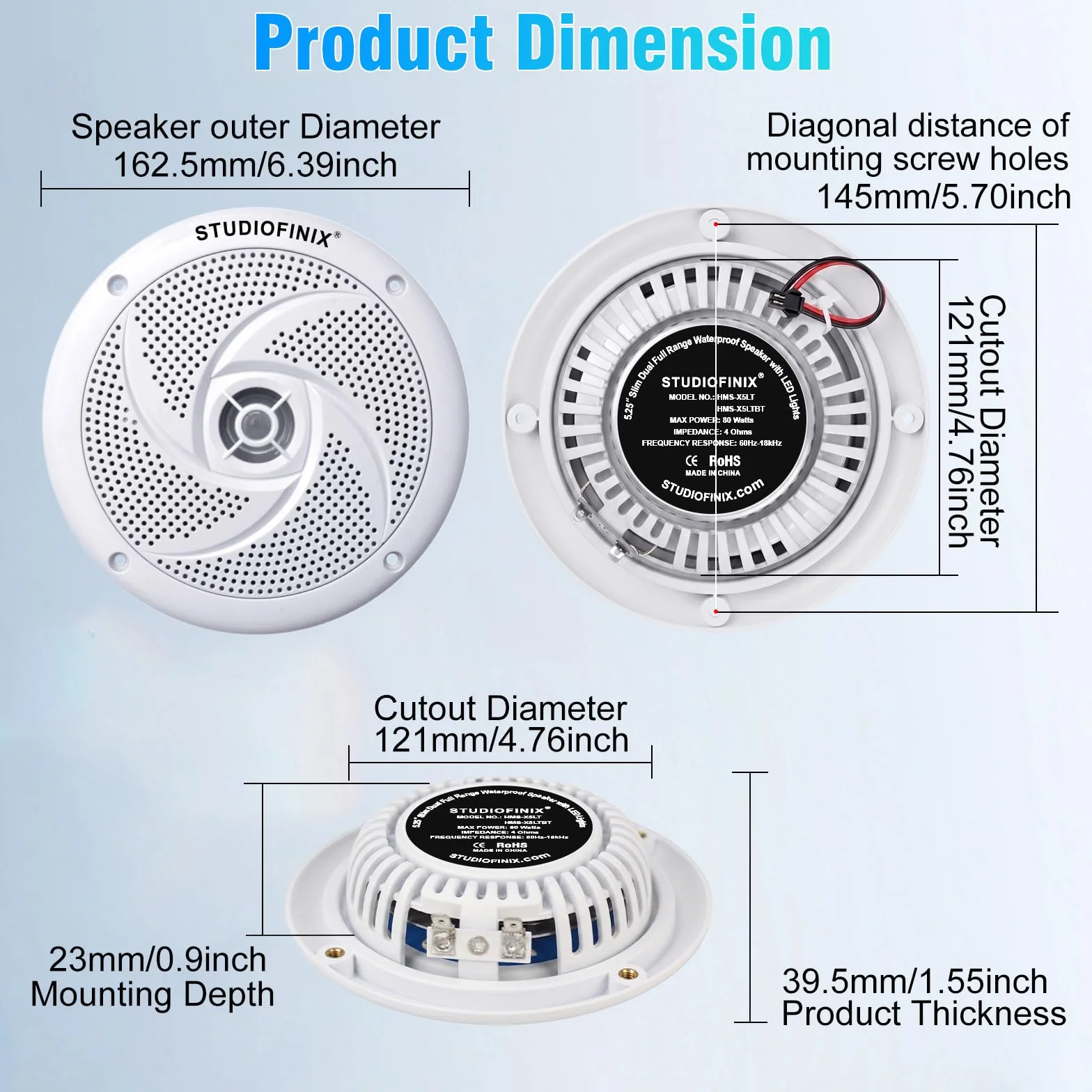 Altavoces marinos impermeables STUDIOFINIX 5.25 pulgadas 160 W 2 vías con LED blanco