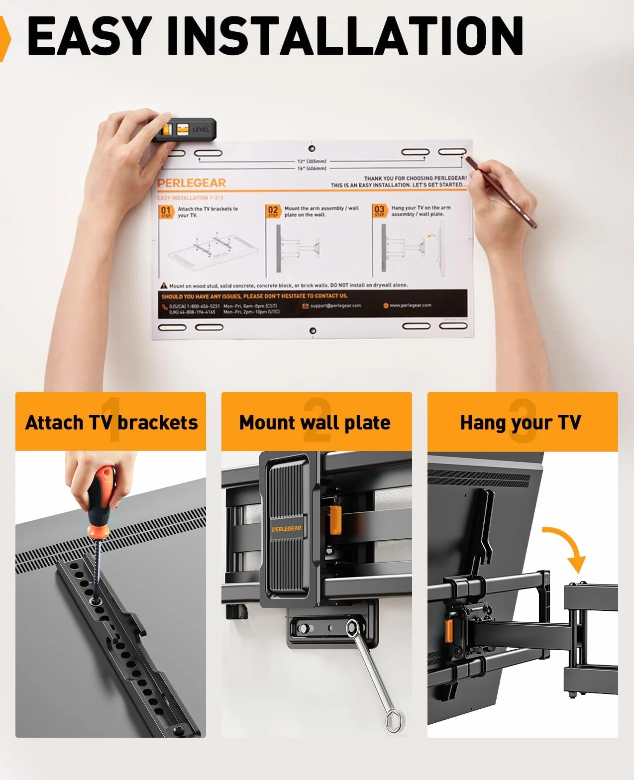 PERLEGEAR Soporte TV Pared Movimiento Completo 42-86 Pulgadas VESA 600x400mm 60kg Giro Inclinación sin Herramientas