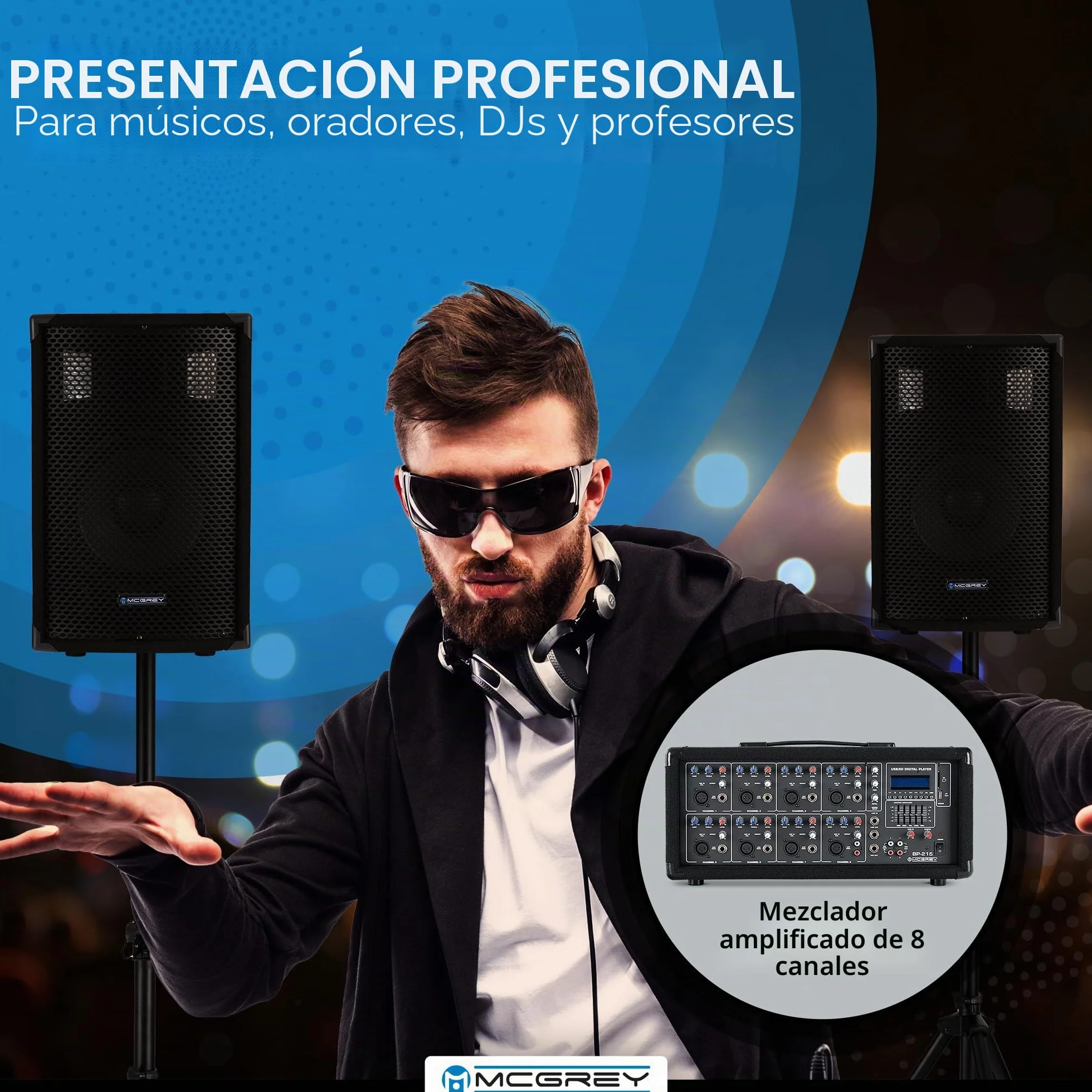 McGrey BP-215 Bandpack PA: Mezclador 8 Canales, Reverb Digital, Bluetooth, USB/SD, Altavoces 2 vías con woofer 15", Incluye micrófono, Soportes, Cables, 150W.