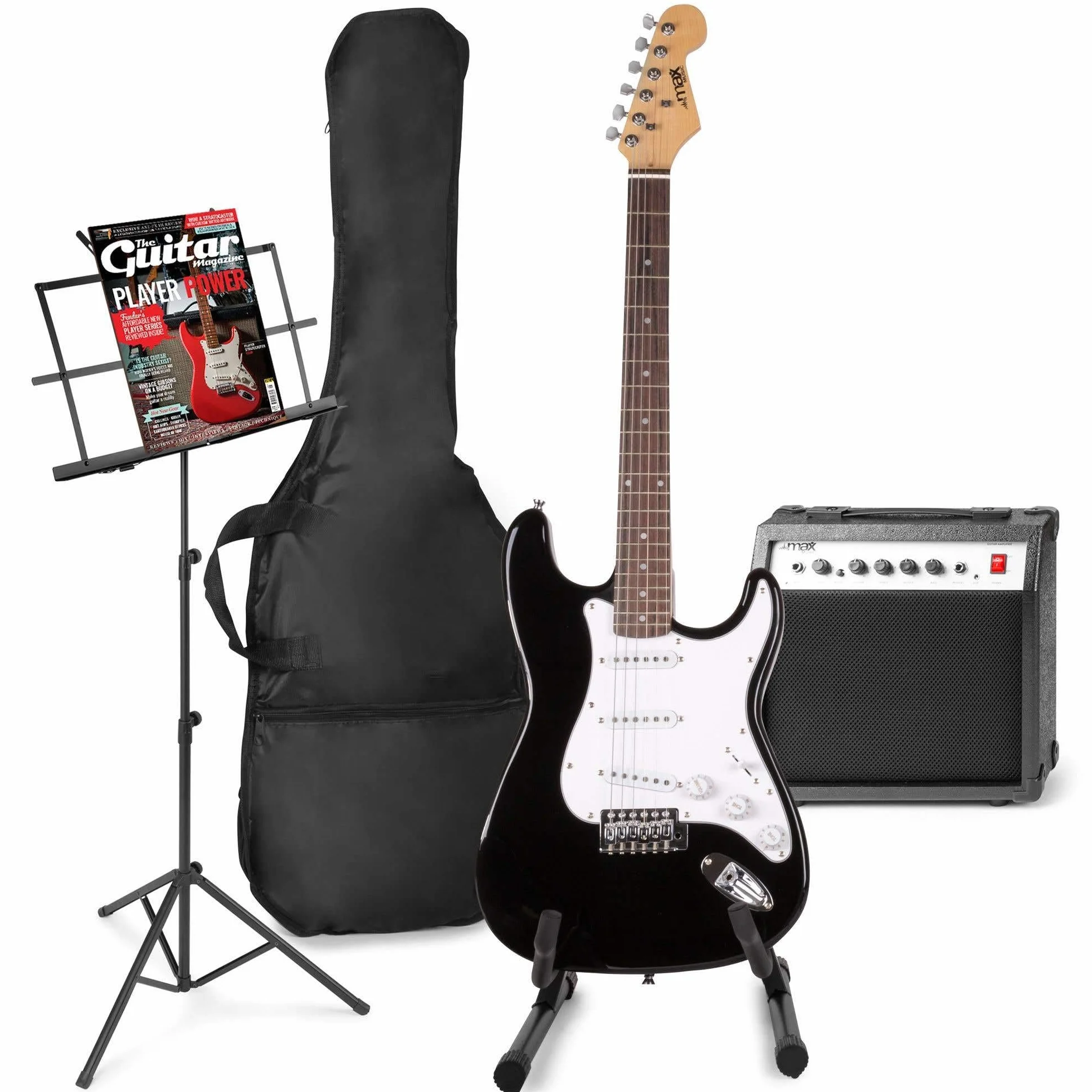 MAX GigKit - Pack de guitarra eléctrica con amplificador de guitarra de 40 vatios, soporte de suelo para guitarra, atril, funda de guitarra, afinador, cable, correa y accesorios - Negro
