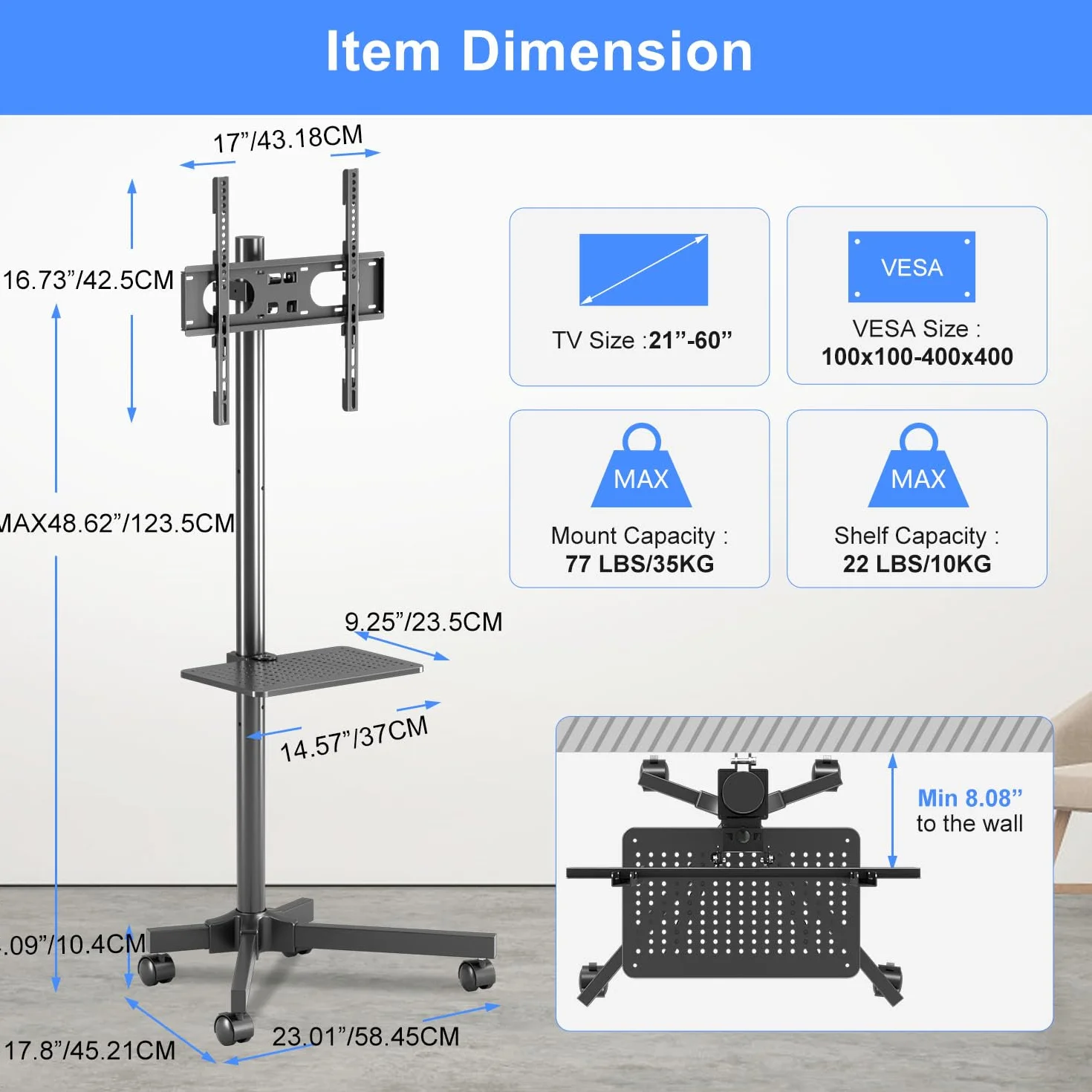 Suptek Soporte TV Ruedas Pie para TV 21-60 Pulgadas LCD LED Plasma 35KG VESA 400x400mm Ajustable Inclinación