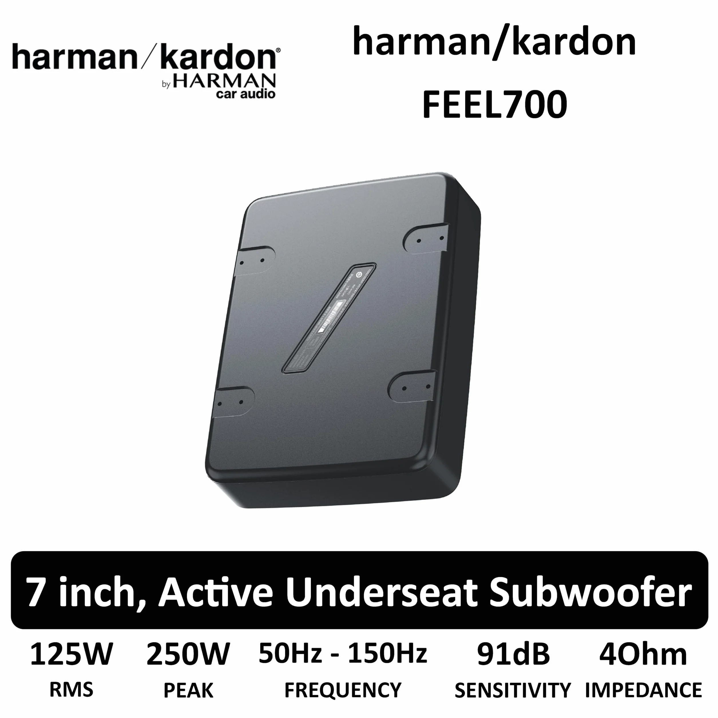 Harman Kardon Feel 700 Subwoofer Activo Coche 165mm (6.5") 250W - Bajo Asiento Ultraplano Aluminio - Amplificador Clase D Graves Profundos - Conexión en Serie - Negro