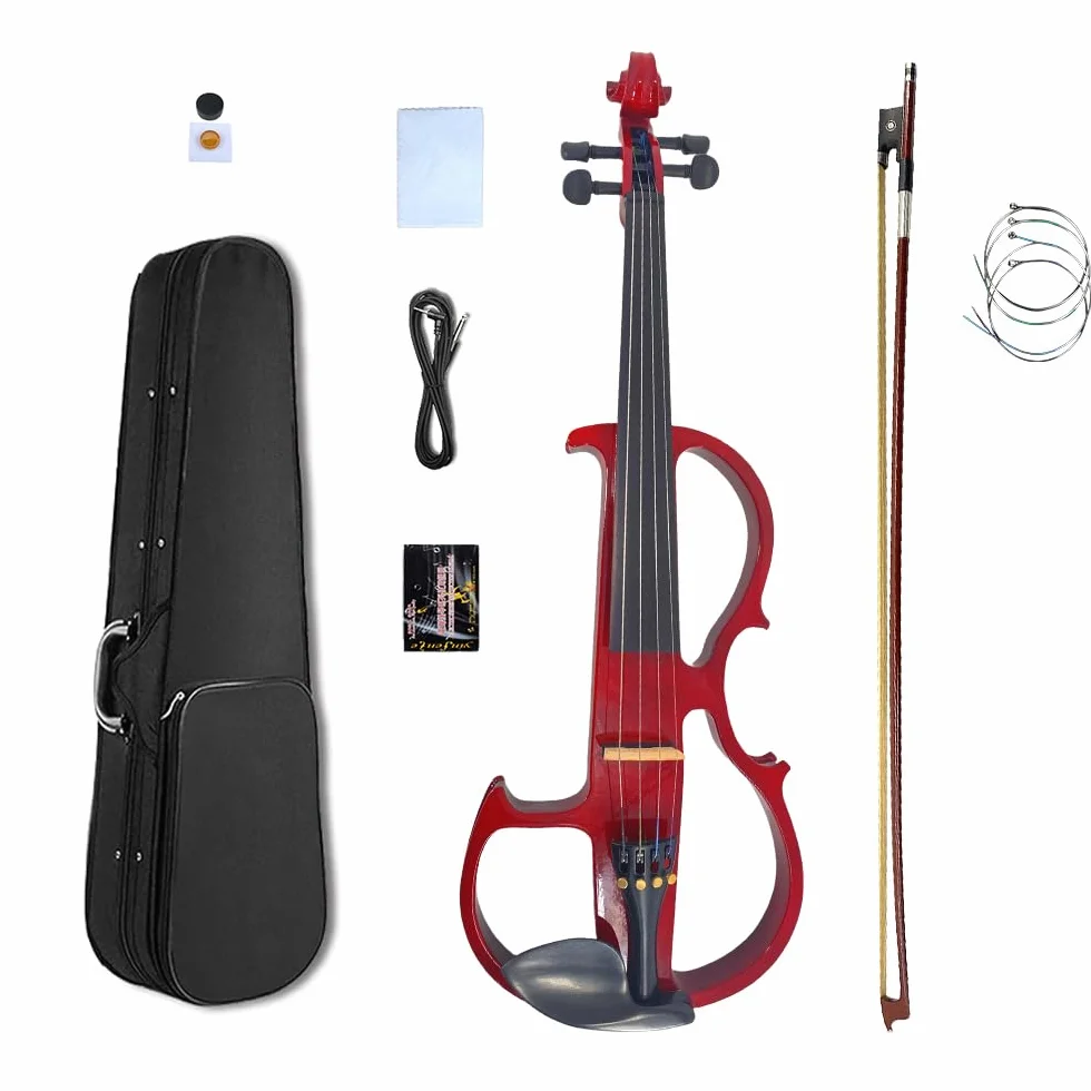 Yinfente Viola eléctrica silenciosa de 40,6 cm de madera maciza con 4 cuerdas con accesorios de ébano, funda rígida de arco de madera de Brasil, paño de limpieza de cable AUX, cuerdas adicionales