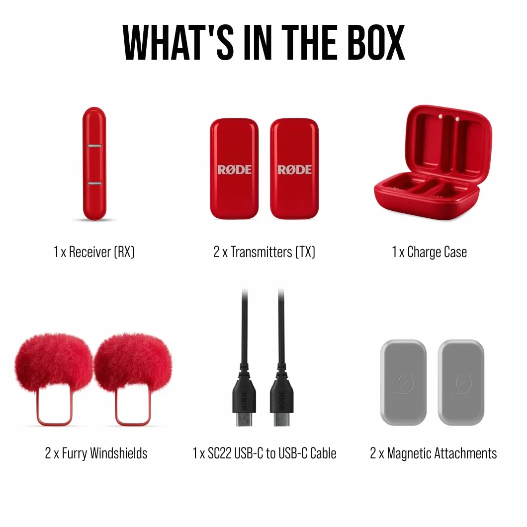 RØDE Wireless Micro - Micrófono inalámbrico Compacto, Dos micrófonos con Estuche de Carga para la creación de Contenido en Smartphone - USB-C, Rojo