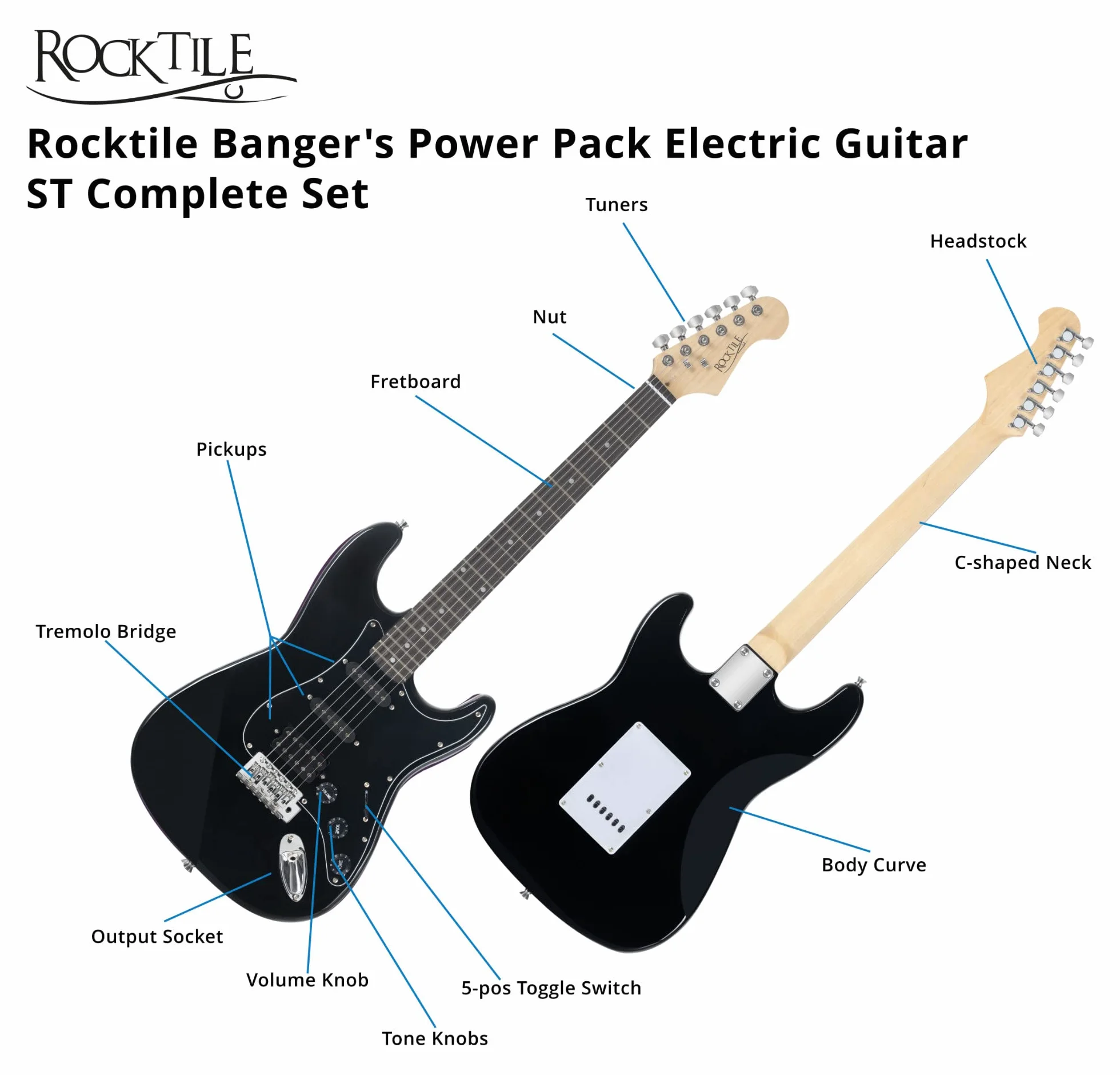 Set Completo Rocktile Banger's Power Pack Guitarra Eléctrica con Single Coil y Humbucker Pickups Negro (Amplificador, Funda, Cable, Correa, Púas, Tremolo, Cuerdas de Repuesto y Escuela con CD/DVD)