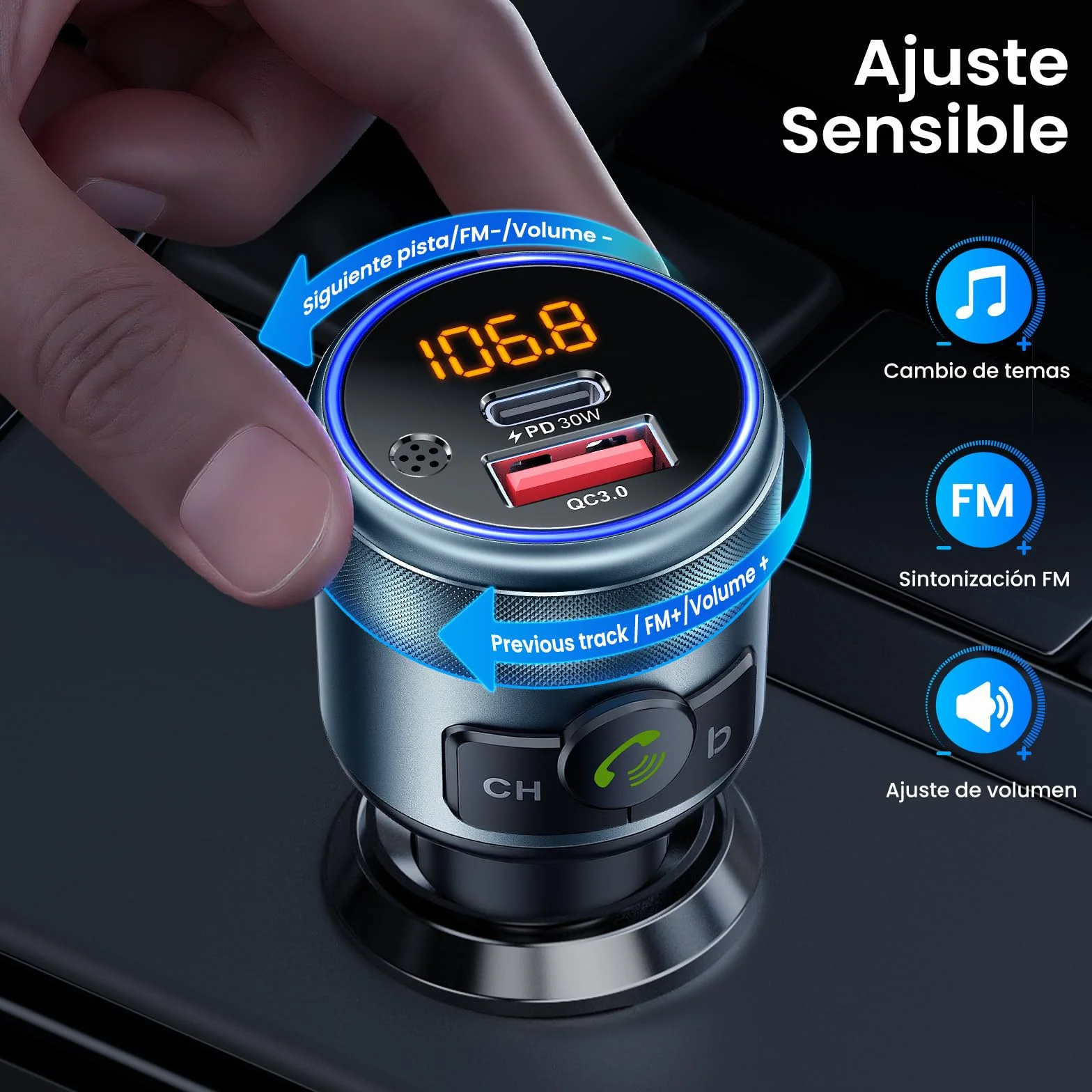 GizmoVine Transmisor FM Bluetooth Coche, Bluetooth 5.3, 48W Carga Rápida Dual (PD 30W + QC3.0 18W), Manos Libres, Refuerzo de Graves, Reproductor MP3, Adaptador Bluetooth Coche Mechero