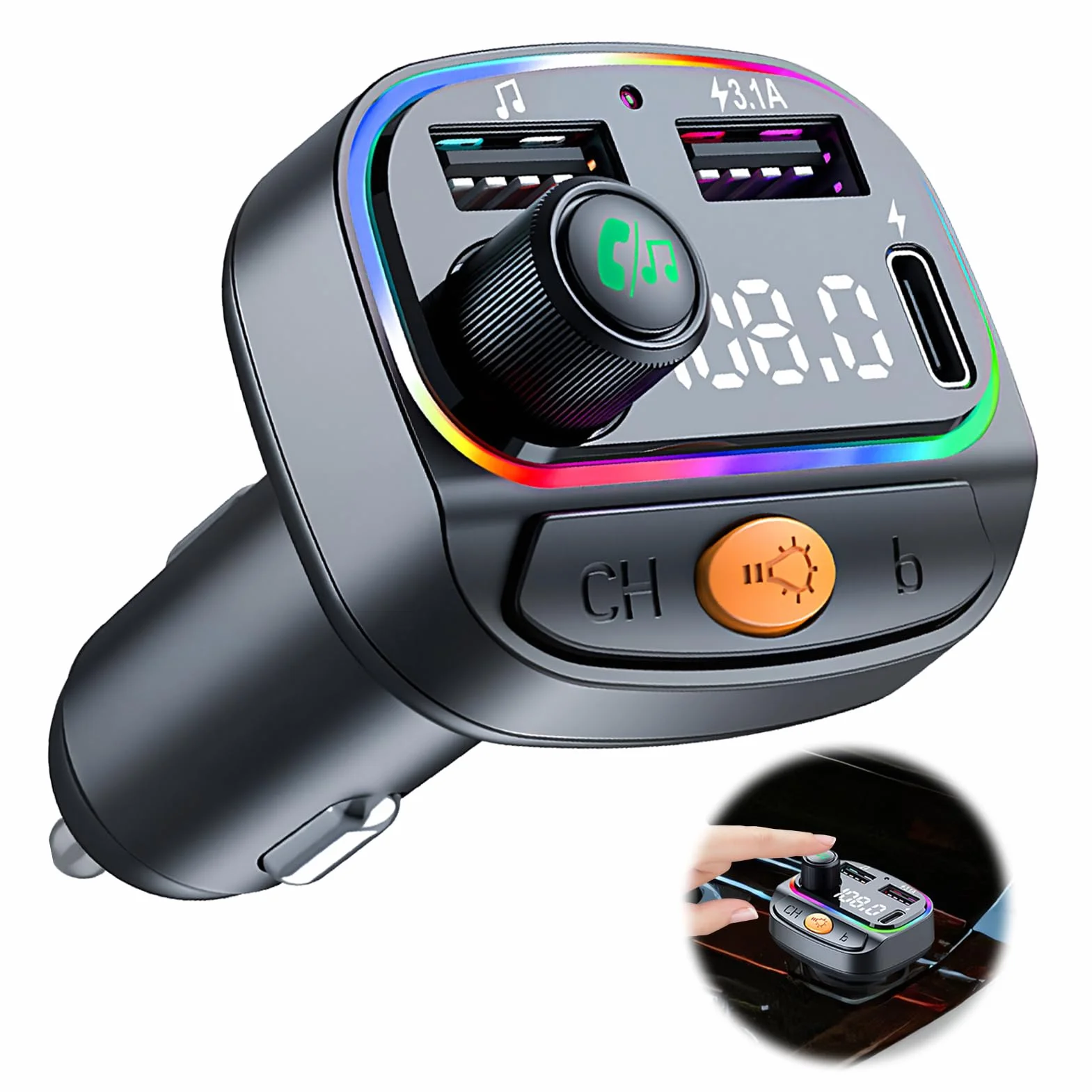 Transmisor FM Bluetooth Coche, Adaptador Bluetooth Radio Coche, Manos Libres, Radio Inalámbrica 5.0, Reproductor MP3, Soporte de Graves Hi-Fi, con luz Ambiental