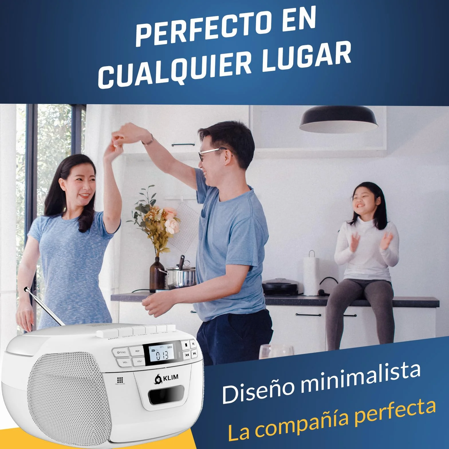 Reproductor CD Cassette KLIM con Radio AM/FM y Bluetooth, USB, AUX, Grabación en Cinta, Control Remoto - Blanco