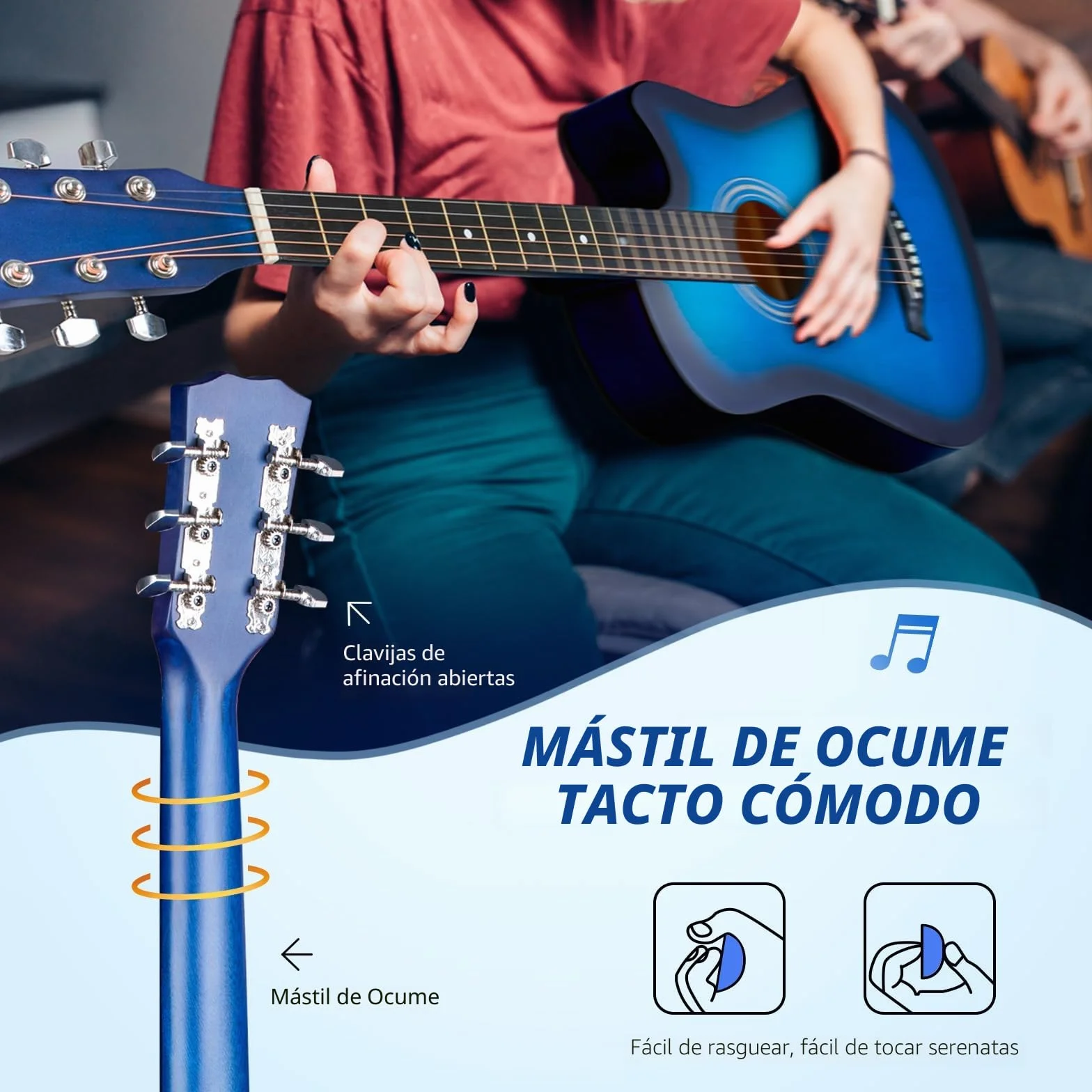 CAHAYA Guitarra Acústica De Tamaño Completo De 38 Pulgadas con Cuerdas De Repuesto, Estuche, Correa, Púas, Cejuela, Pegatinas, Azul, CY0354