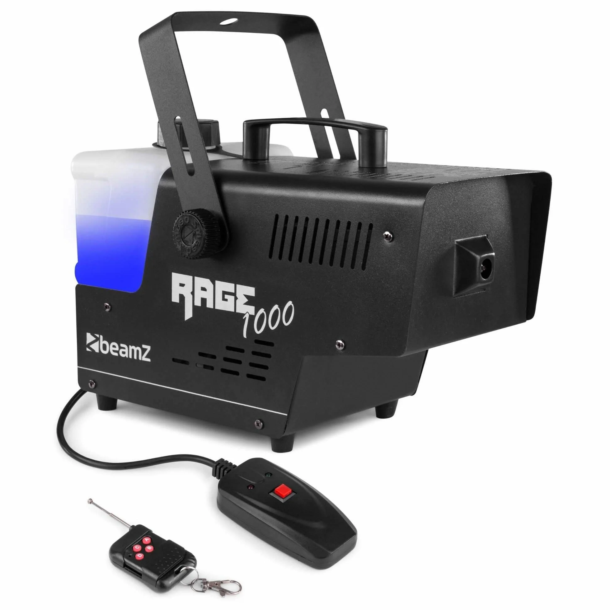 BeamZ Rage 1000 - potencia de1000 W, depósito de 2 litros, 2 mandos a distancia, 1 inalámbrico y otro con cable de 3m, caudal de 123 m3/min de humo por minuto, tiempo de calentamiento de 4 minutos