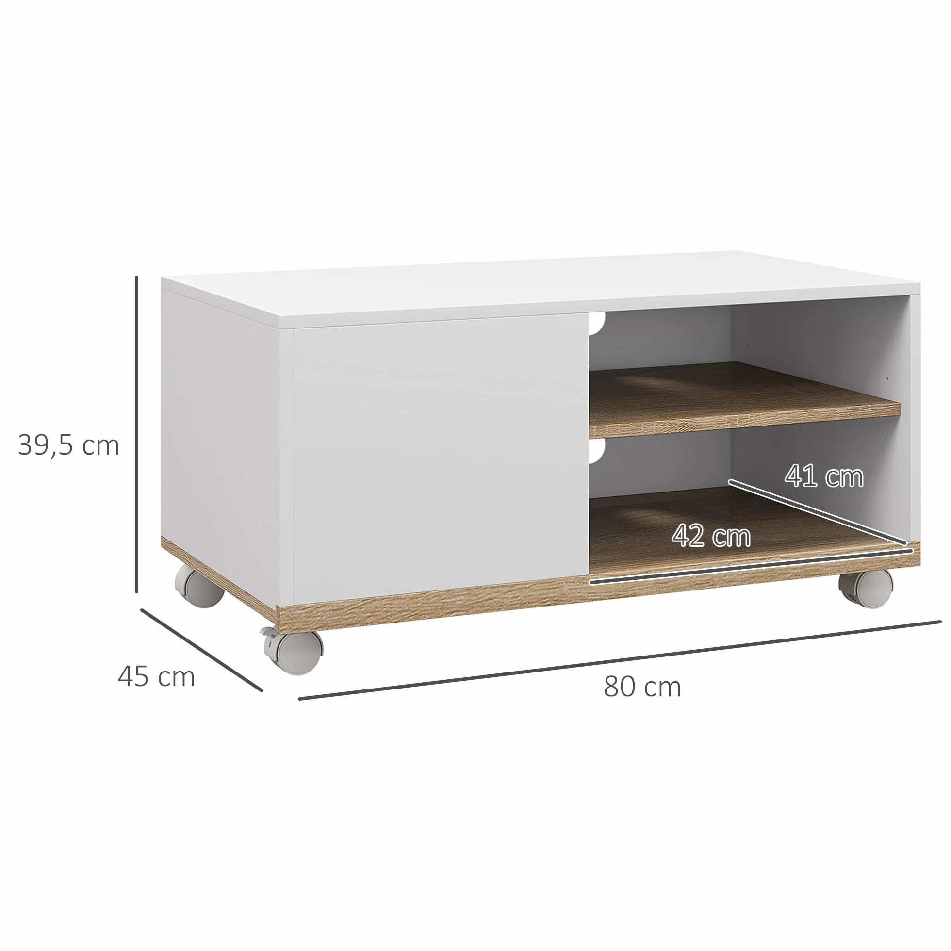 HOMCOM Mueble TV de Salón Moderno con Ruedas Mesa para Televisores de 42 Pulgadas Módulo TV con 1 Puerta y 2 Estantes de Almacenamiento 80x45x41 cm Blanco
