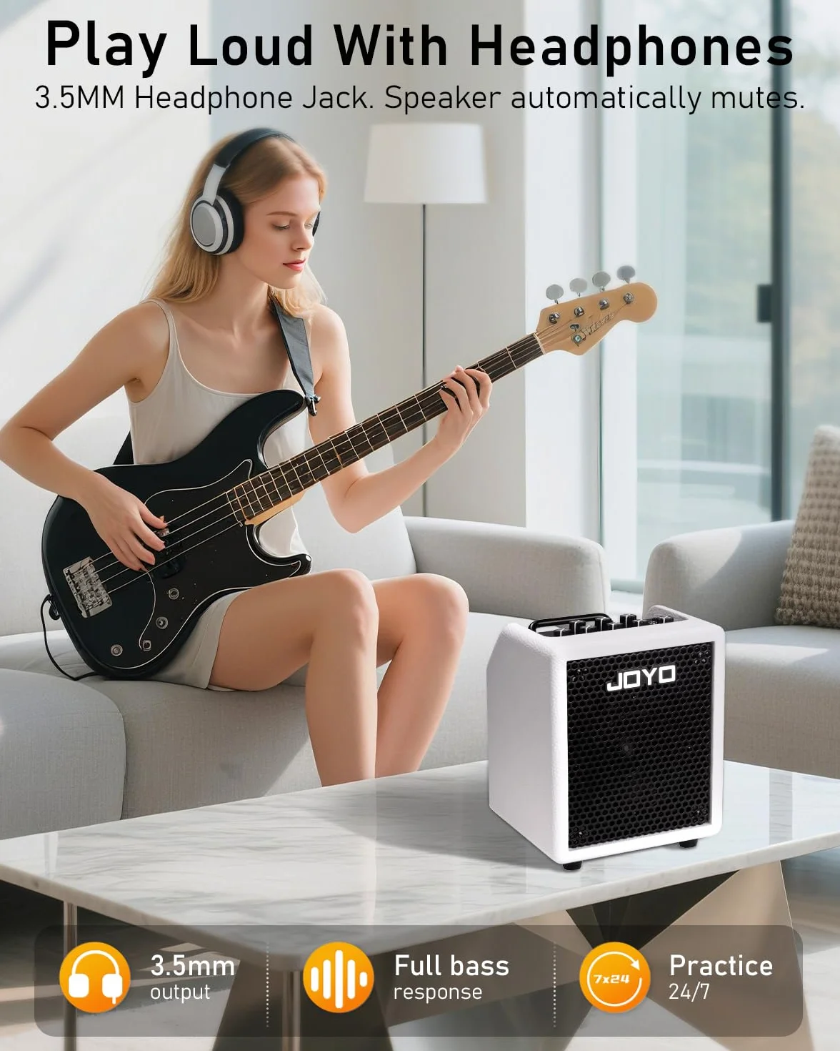 Joyo - Amplificador combinado de bajo 30 W portátil – altavoz de 4 pulgadas, EQ 3 bandas y compresor | Bluetooth 5.1 + grabación OTG, salida de auriculares para práctica solo (Vibe Cube BA-30, blanco)