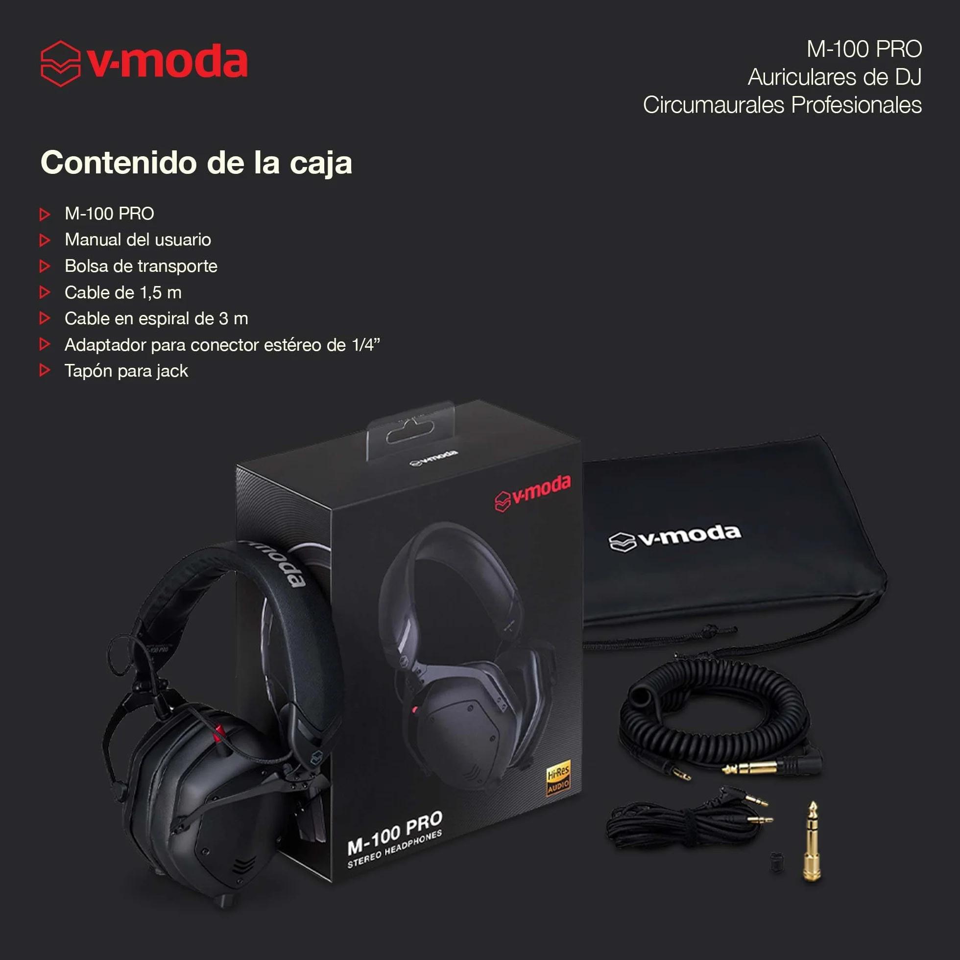 V-Moda M-100 PRO | Auriculares de DJ circumaurales profesionales | Diseñados para DJ profesionales y música rítmica | Aislamiento sonoro superior | Escucha por un oído | Confort duradero