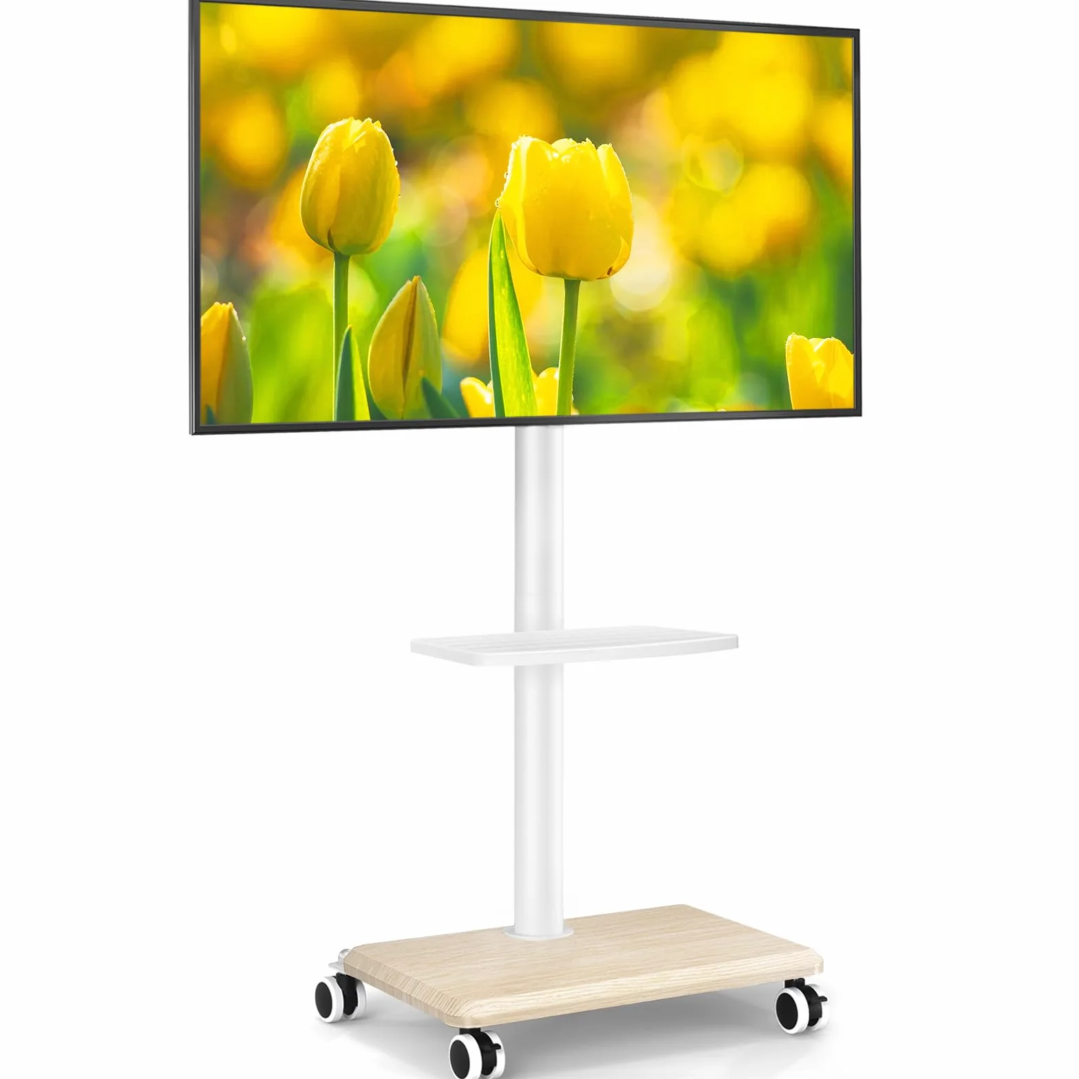 5Rcom Soporte TV Ruedas y Base de Madera para Pantallas de 32 a 70 Pulgadas, Soportes TV con Ruedas, Placa Giratoria y Altura Ajustable MAX VESA 400x400mm (Bianco Puro)