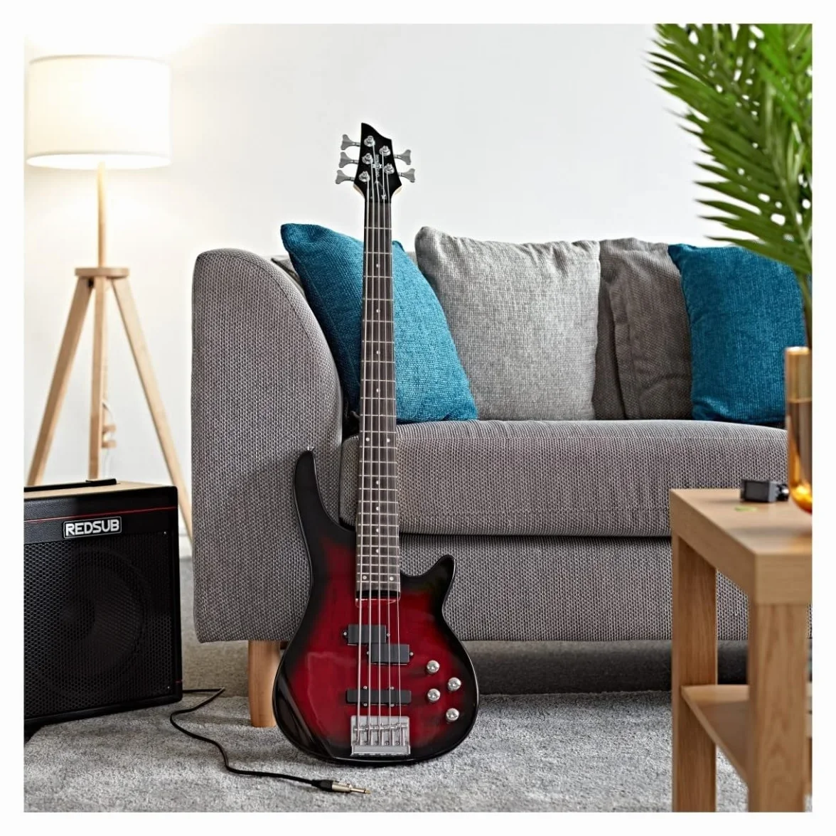 Gear4music Guitarra eléctrica Chicago de 5 cuerdas con accesorios Rojo
